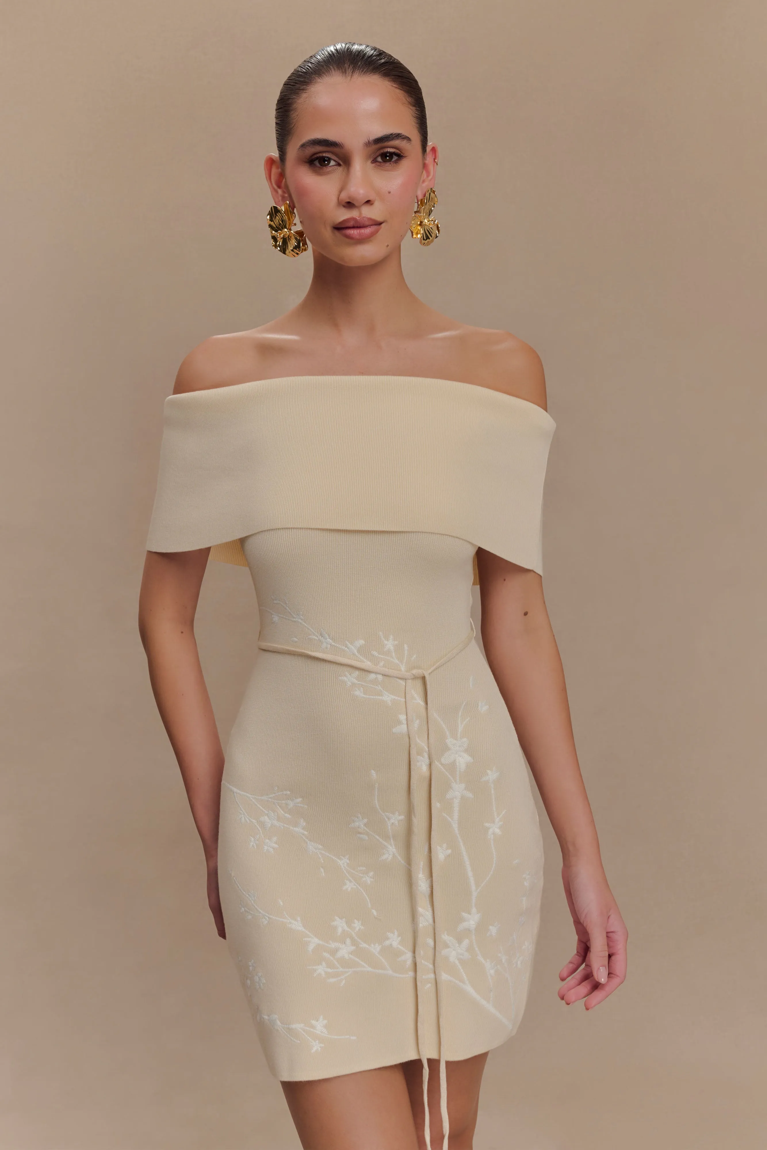 Mallory Off Shoulder Embroidered Knit Mini Dress - Cream And Ivory Brunch Fit