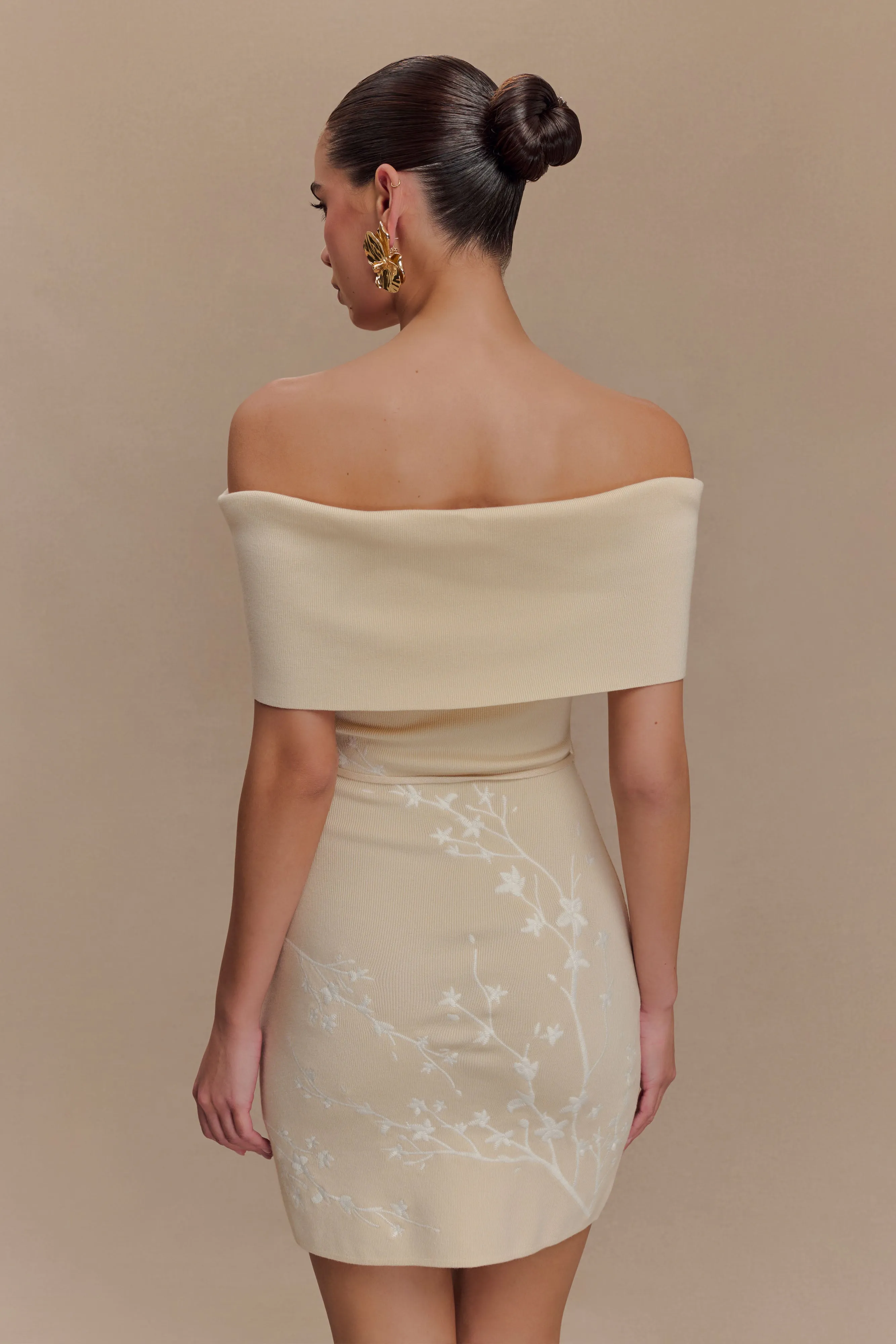 Mallory Off Shoulder Embroidered Knit Mini Dress - Cream And Ivory Formal Choice Dreamy Texture