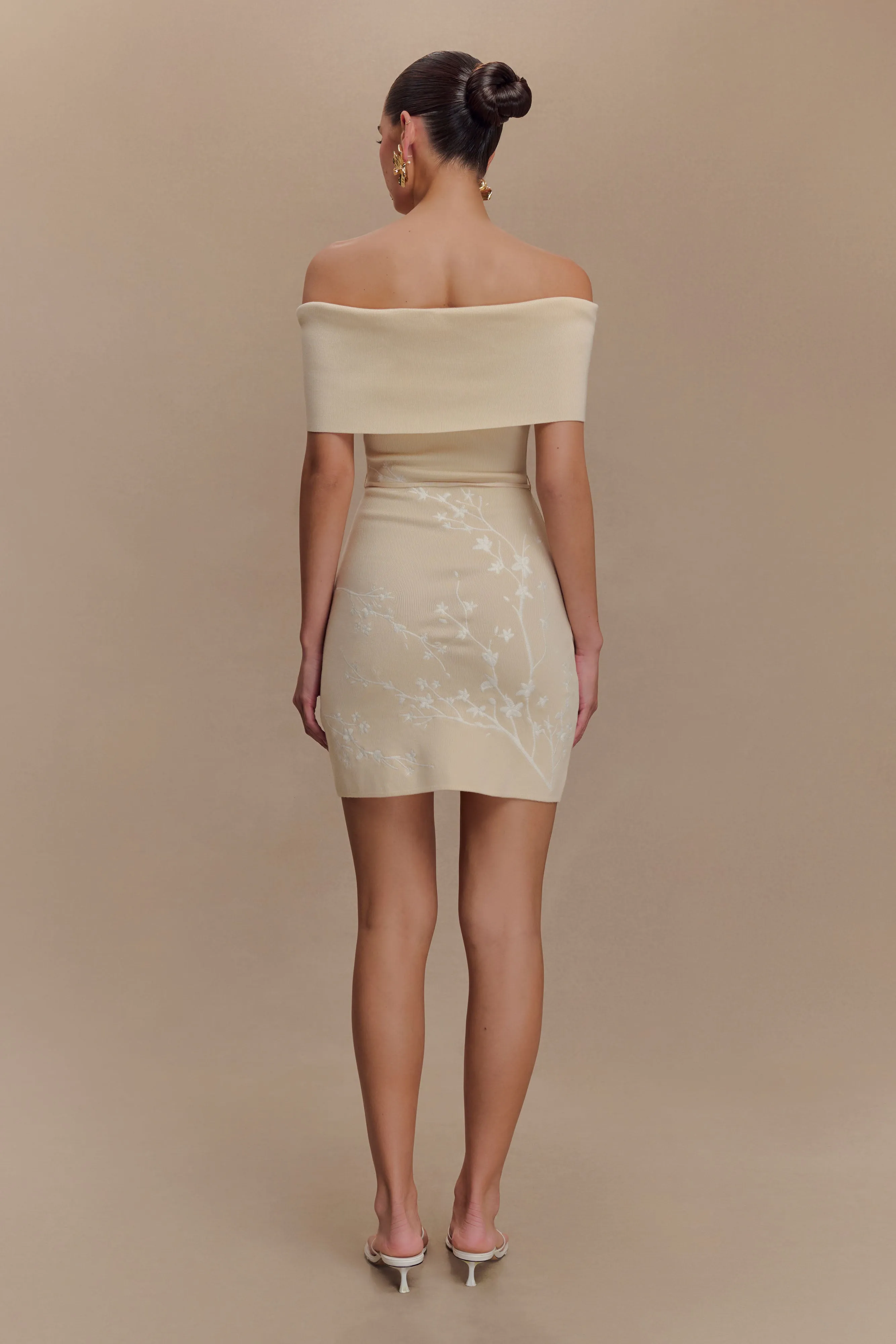 Mallory Off Shoulder Embroidered Knit Mini Dress - Cream And Ivory Edgy Layers Bold Movement