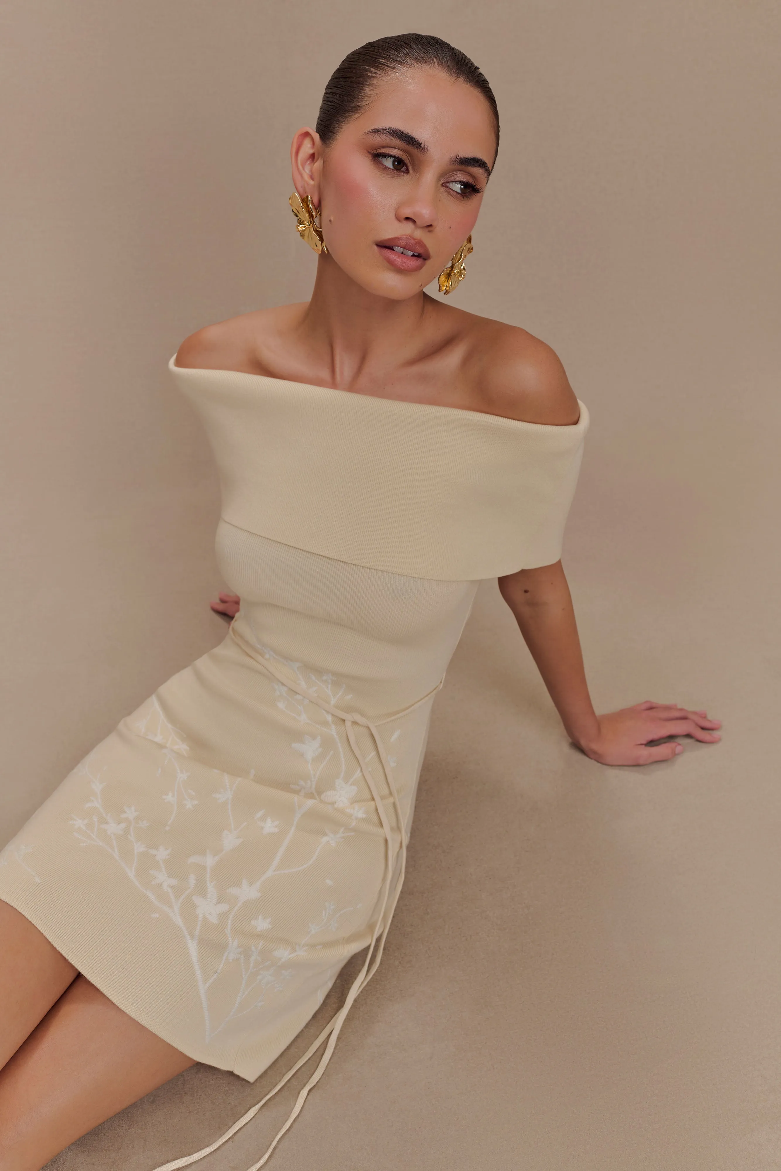 Mallory Off Shoulder Embroidered Knit Mini Dress - Cream And Ivory Asymmetric-Neck Walkable Flow