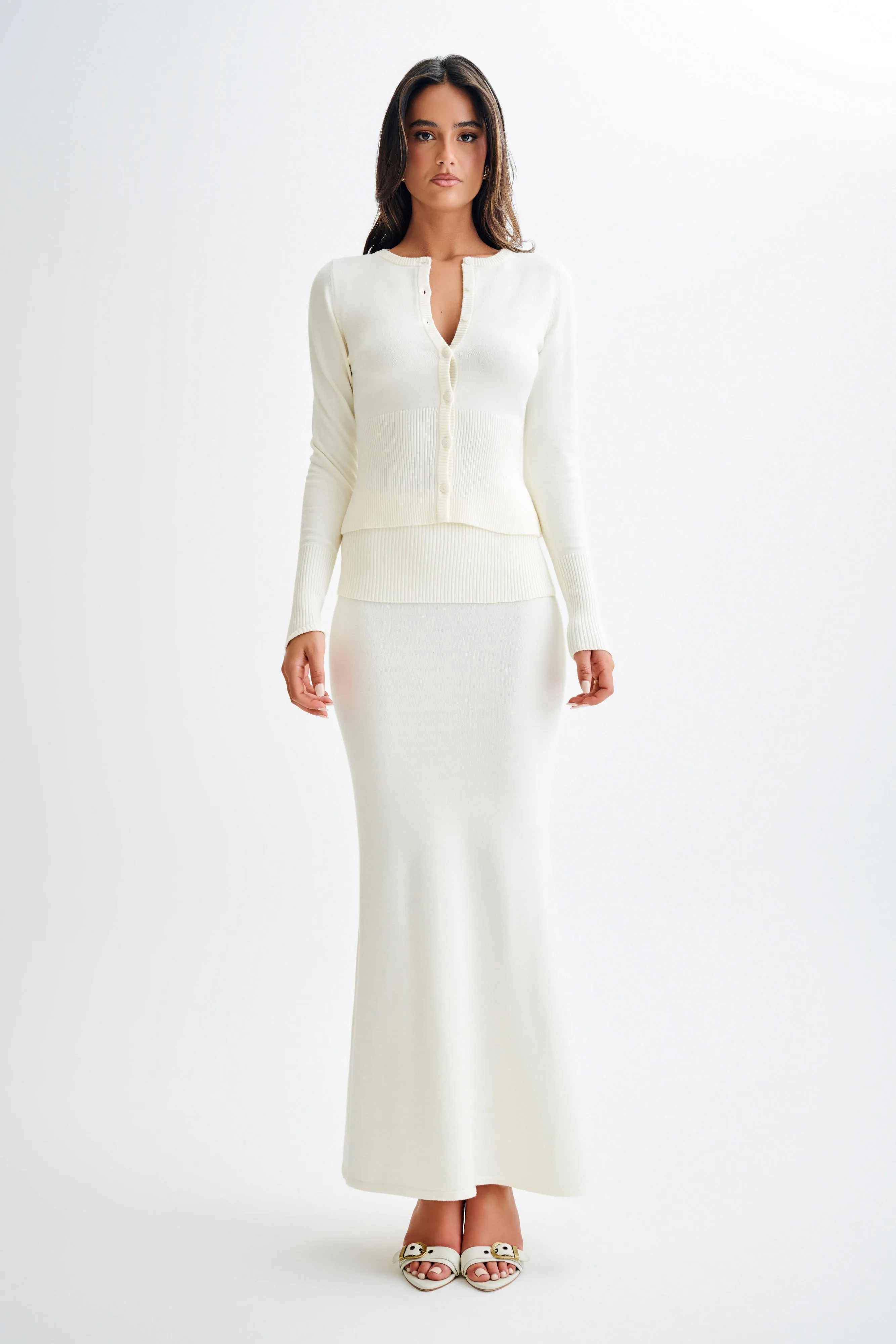 Snap Closures Smooth Flat Collar Reese Fitted Knit Cardigan - Ivory