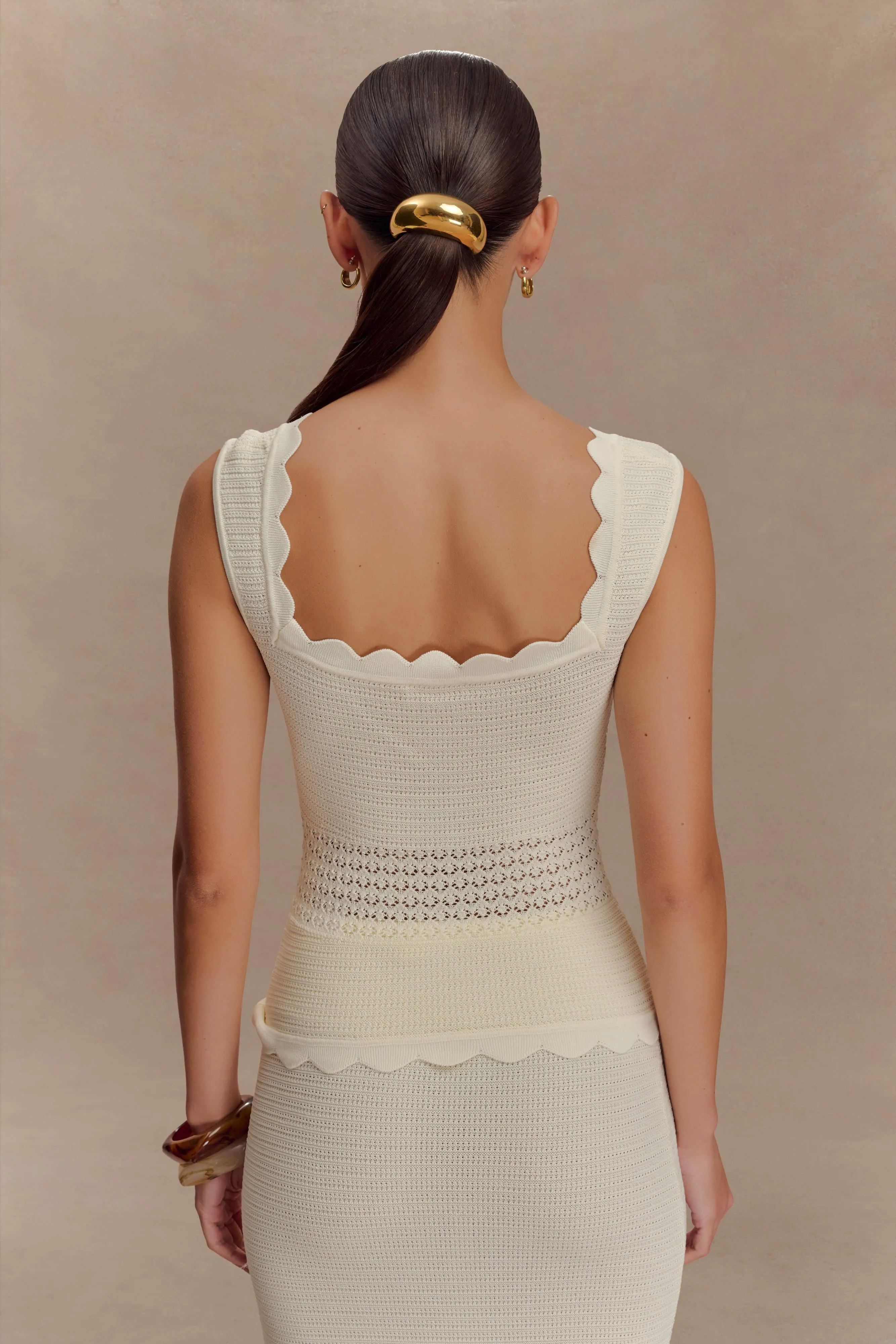 Madeline Scallop Knit Top - Ivory MeshPanel