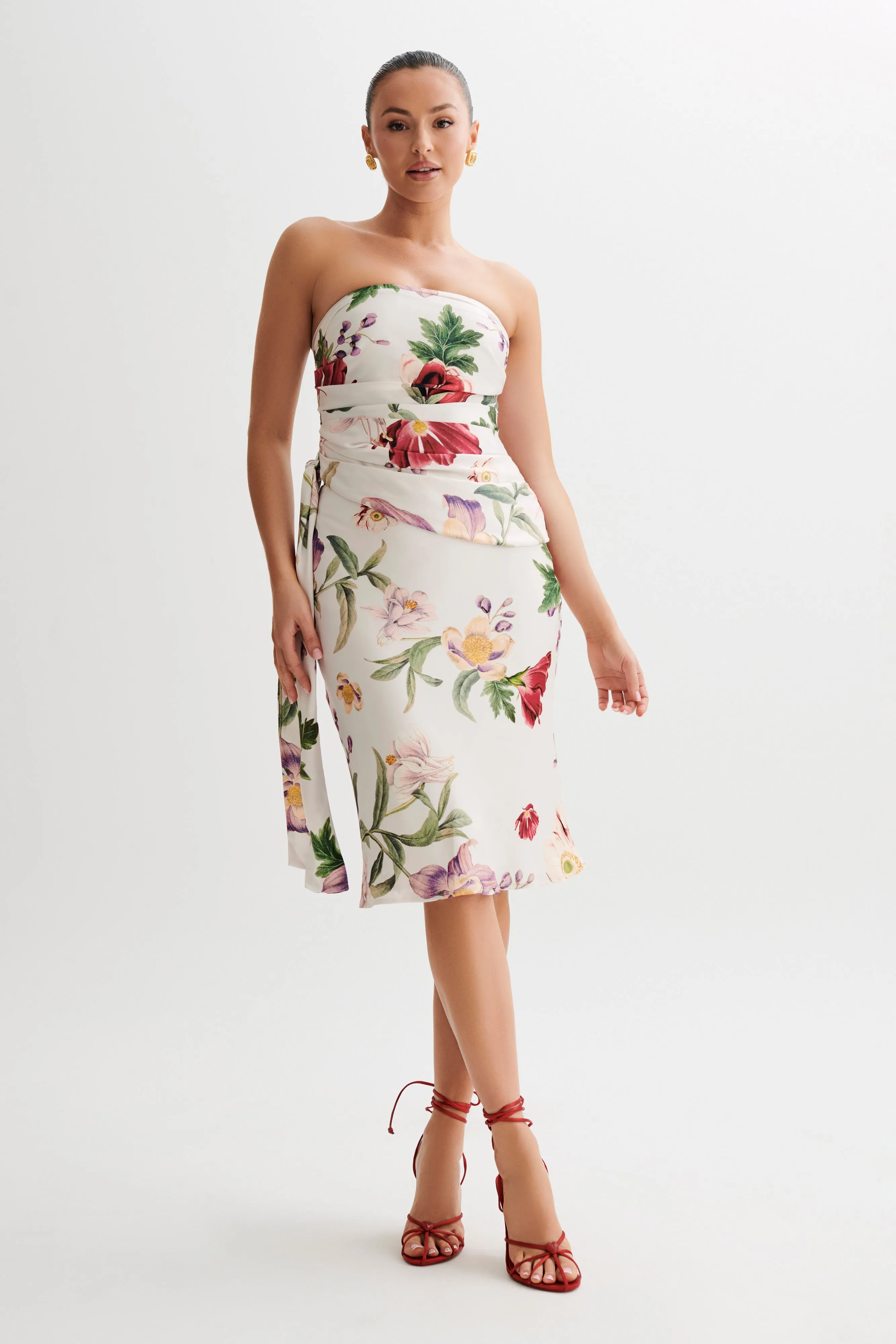 Allegra Satin Ruched Strapless Top - Bella Rosa Print AntiPilling