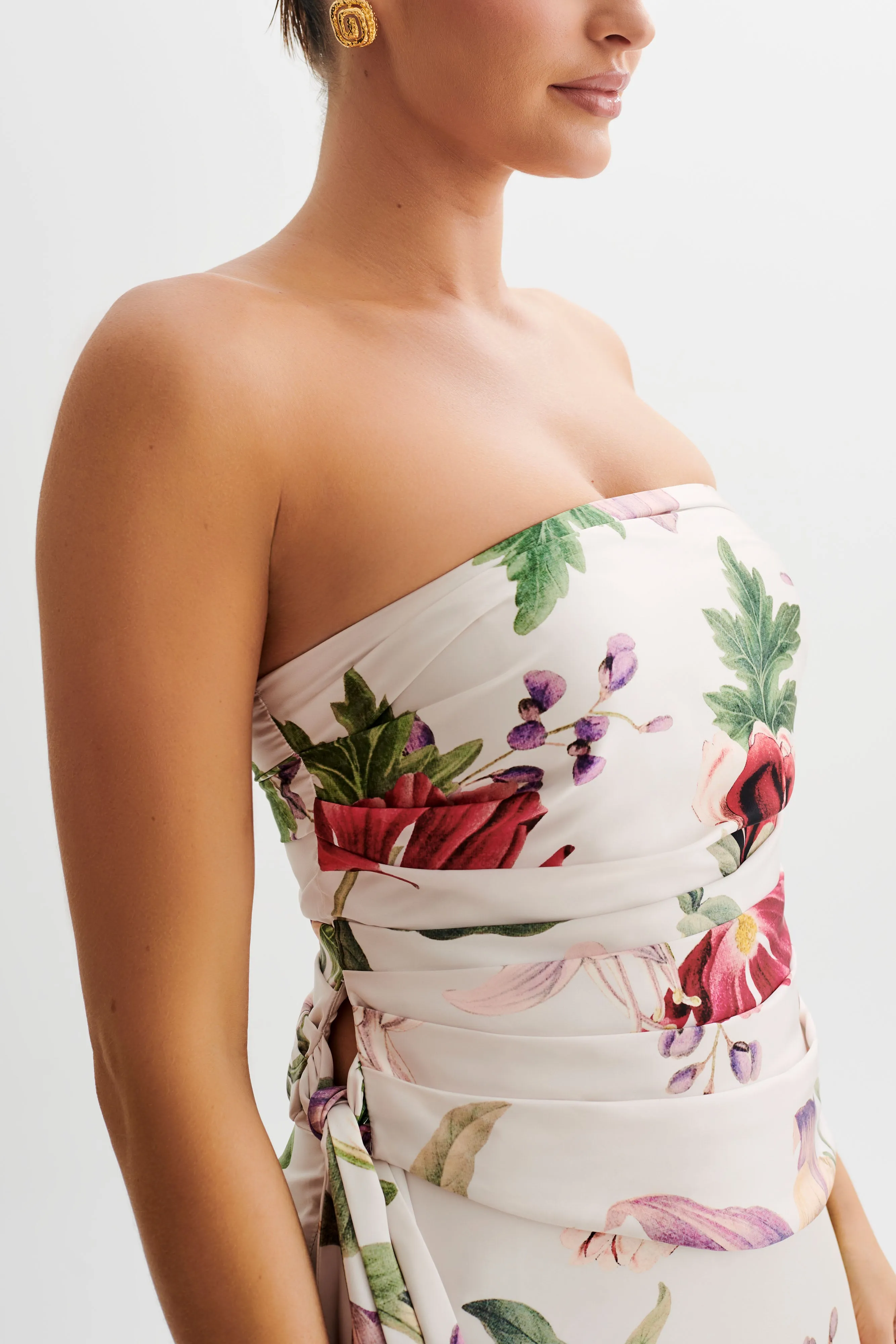 Allegra Satin Ruched Strapless Top - Bella Rosa Print HoodedVersion