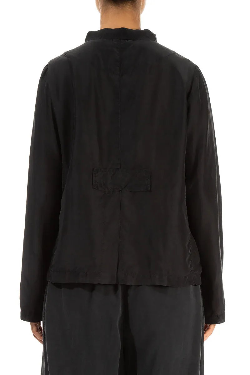 Hidden Storage Compartment Buttoned Black Pure Silk Jacket