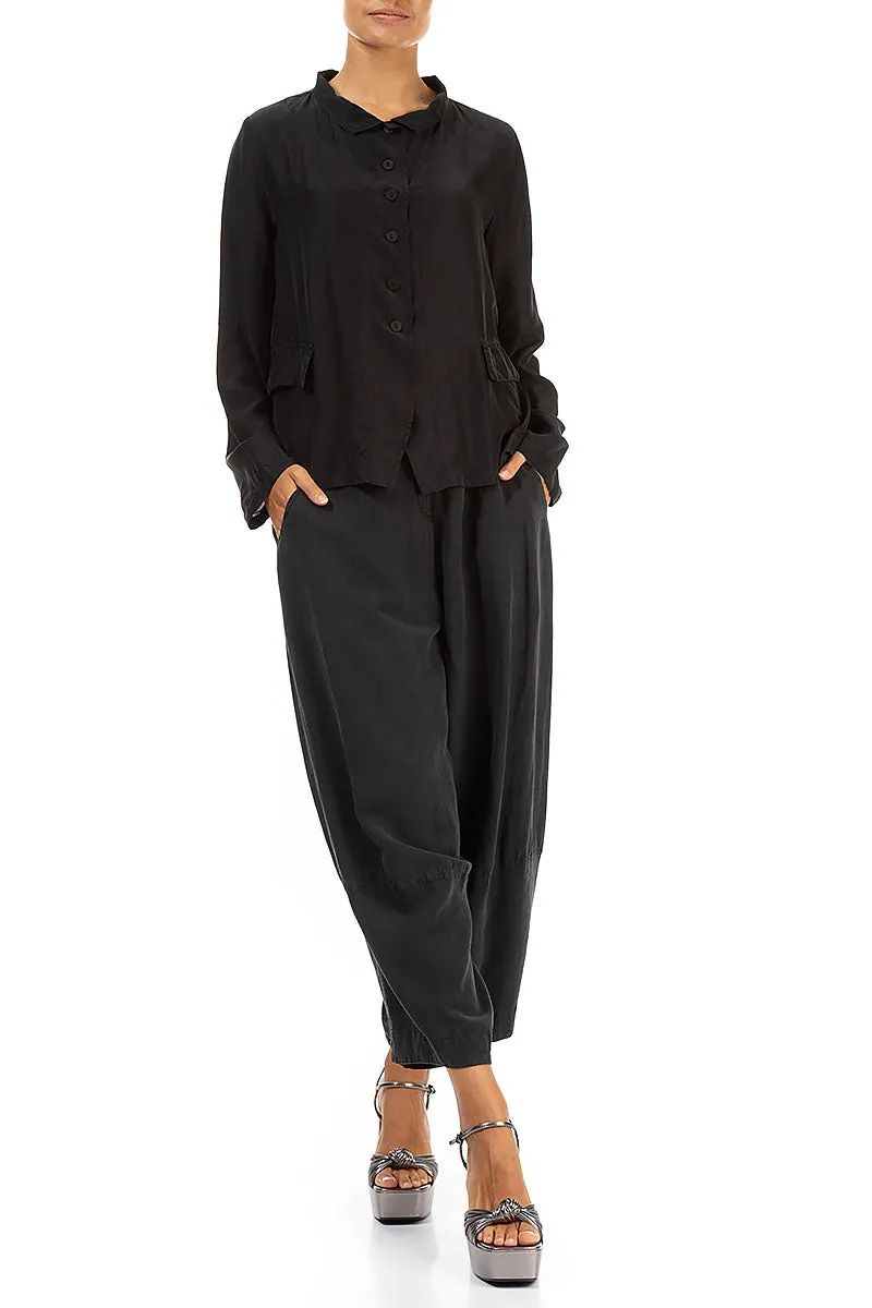 Buttoned Black Pure Silk Jacket ReinforcedSeams Snag Free Zipper Technology