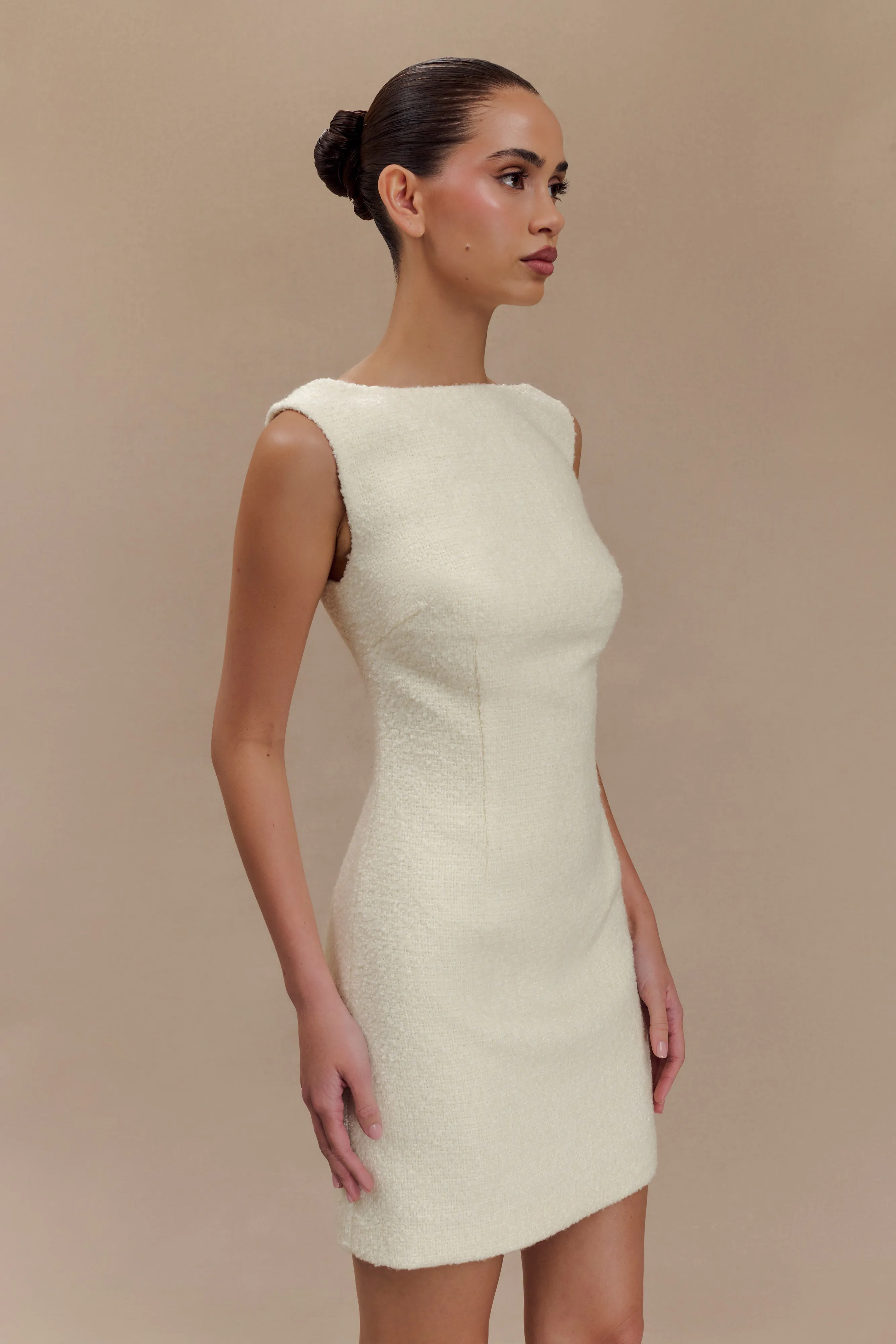 Side Pleats Angela Textured Boucle Mini Dress - Ivory