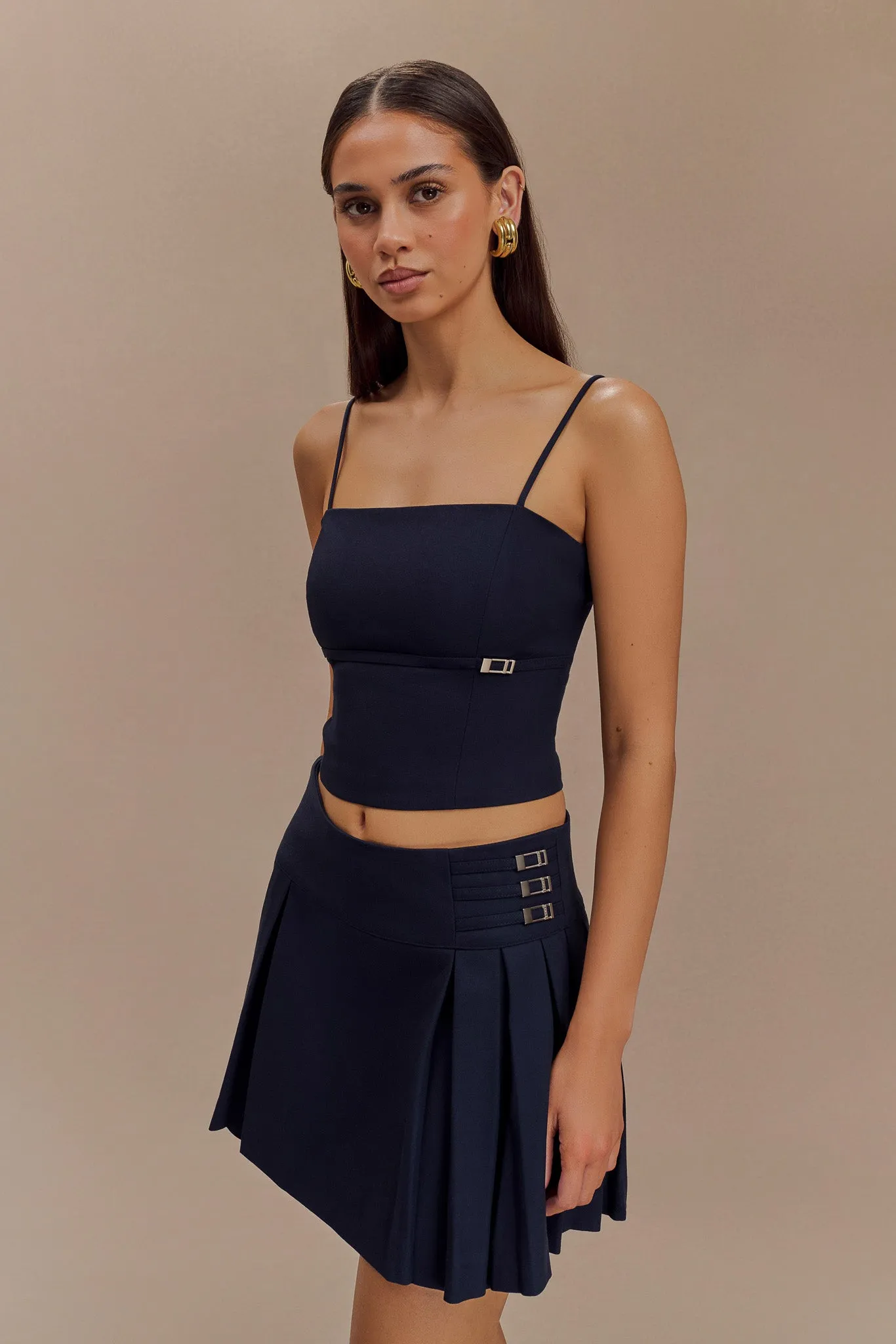 Smart Comfort Angie Pleated Buckle Mini Skirt - Dark Navy