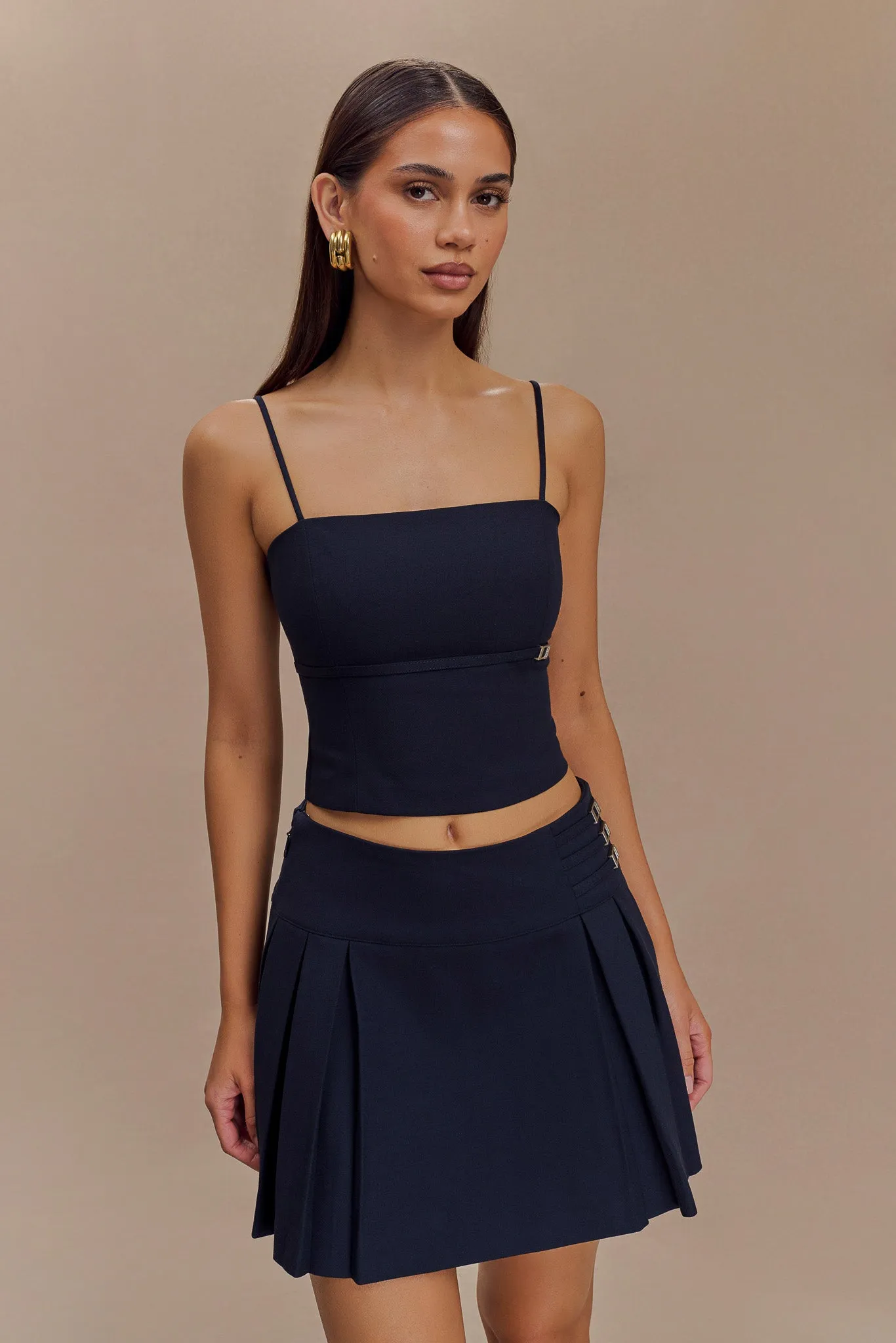 Angie Pleated Buckle Mini Skirt - Dark Navy High Waist Stretch