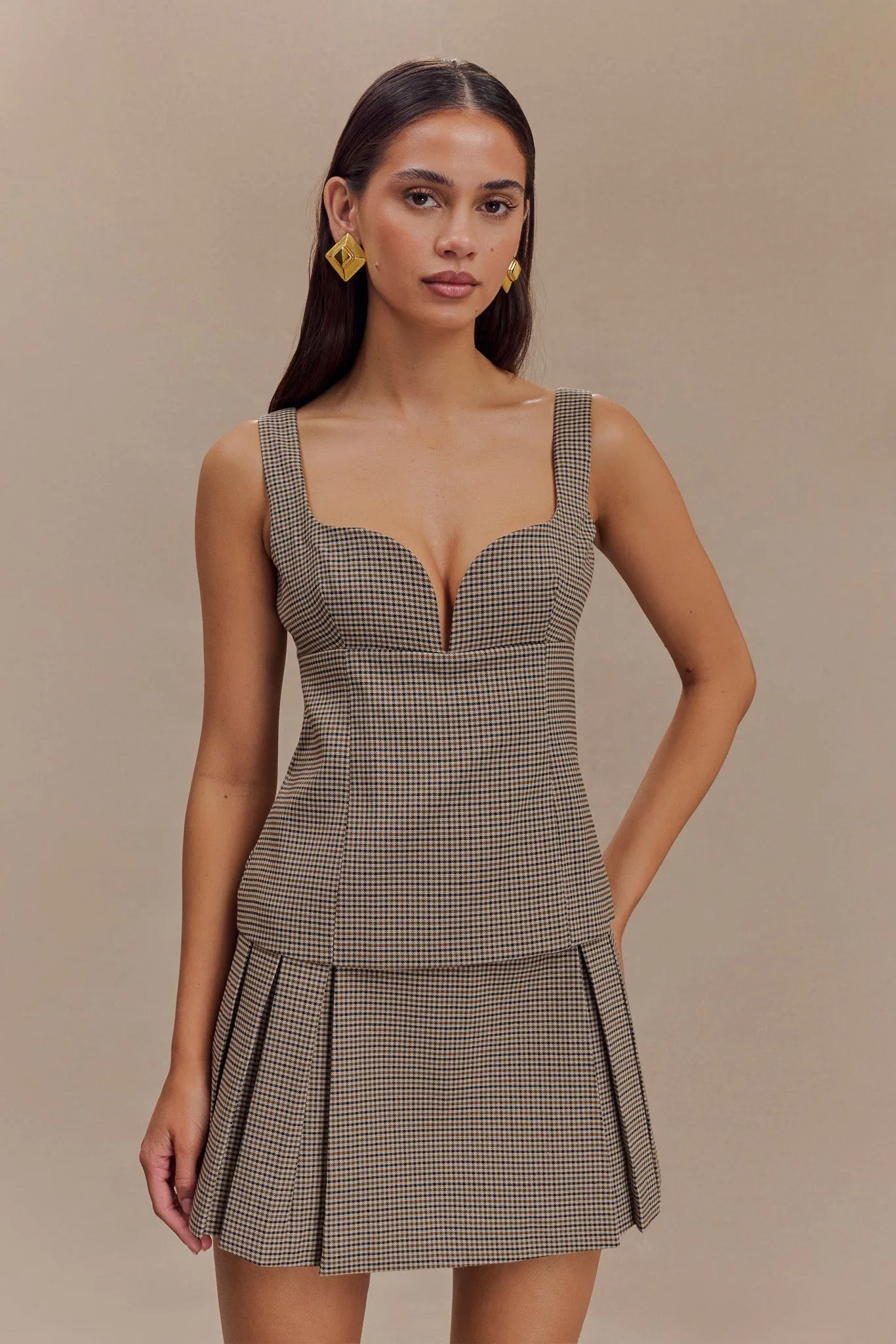 Comfortable Style Angie Pleated Buckle Mini Skirt - Tan Check