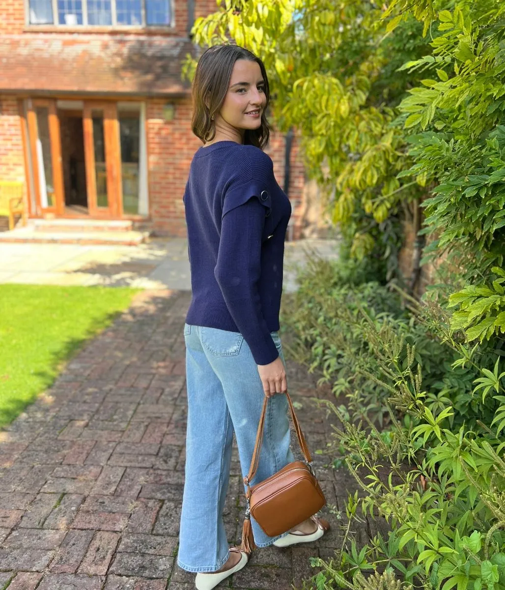 Navy Button Shoulder Jumper Breathable Design Wear Snug & Stylish