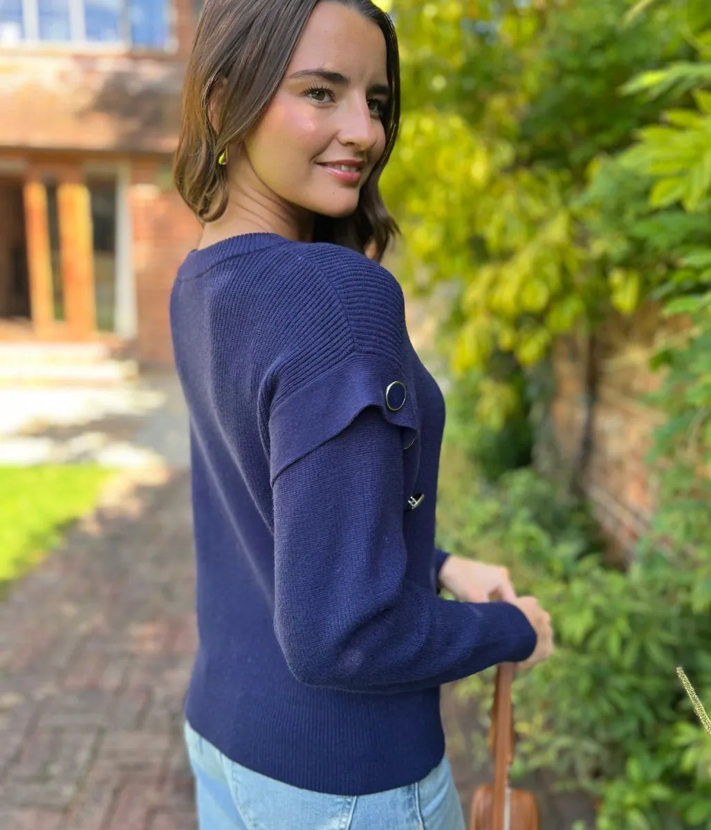All-Season Comfort Navy Button Shoulder Jumper