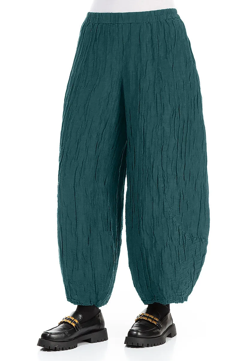 Sporty Cut Taper Crinkled Peacock Silk Linen Trousers