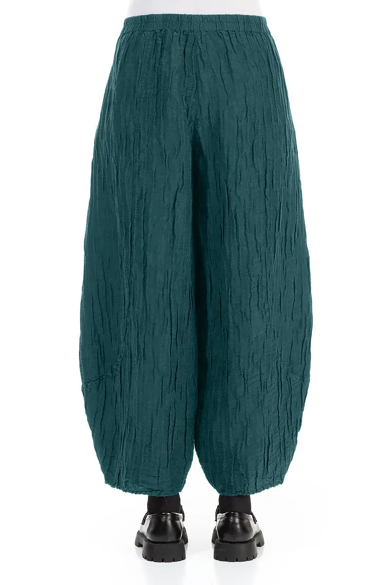 DoubleLayeredHem Full Motion Taper Crinkled Peacock Silk Linen Trousers
