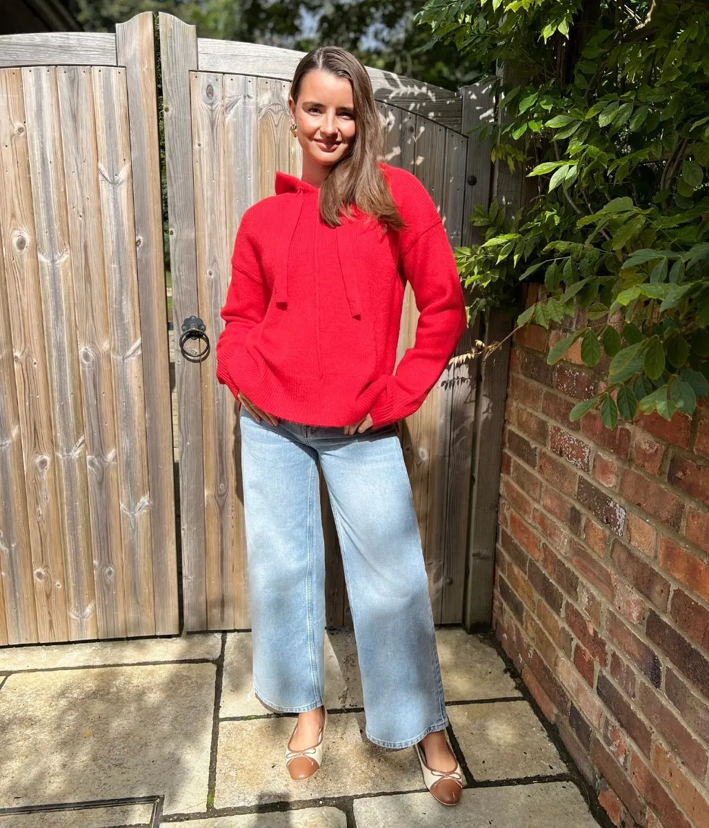 Red Relaxed Knitted Hooded Jumper Cozy Apparel Relaxed fit wear