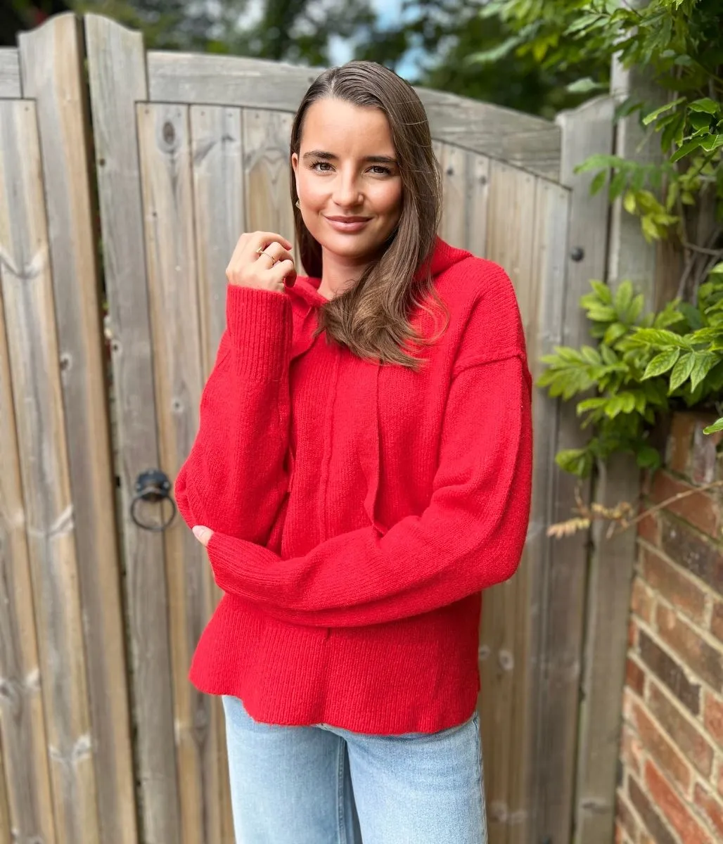 Perfect Knitwear Red Relaxed Knitted Hooded Jumper