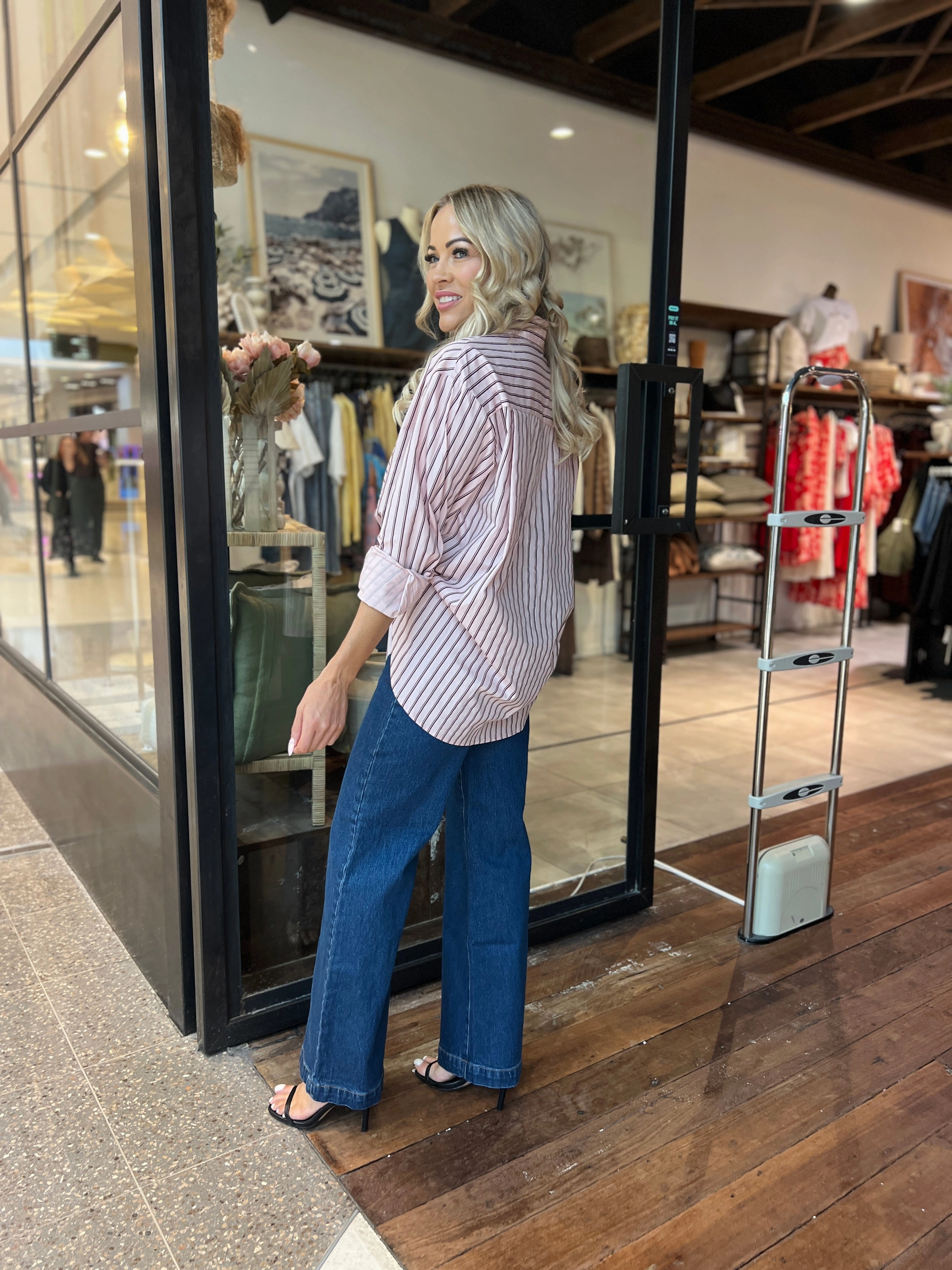 FRANCINE STRIPE SHIRT - BLUSH / CHOC Breathable Underarm Gussets Buttery Soft Handfeel