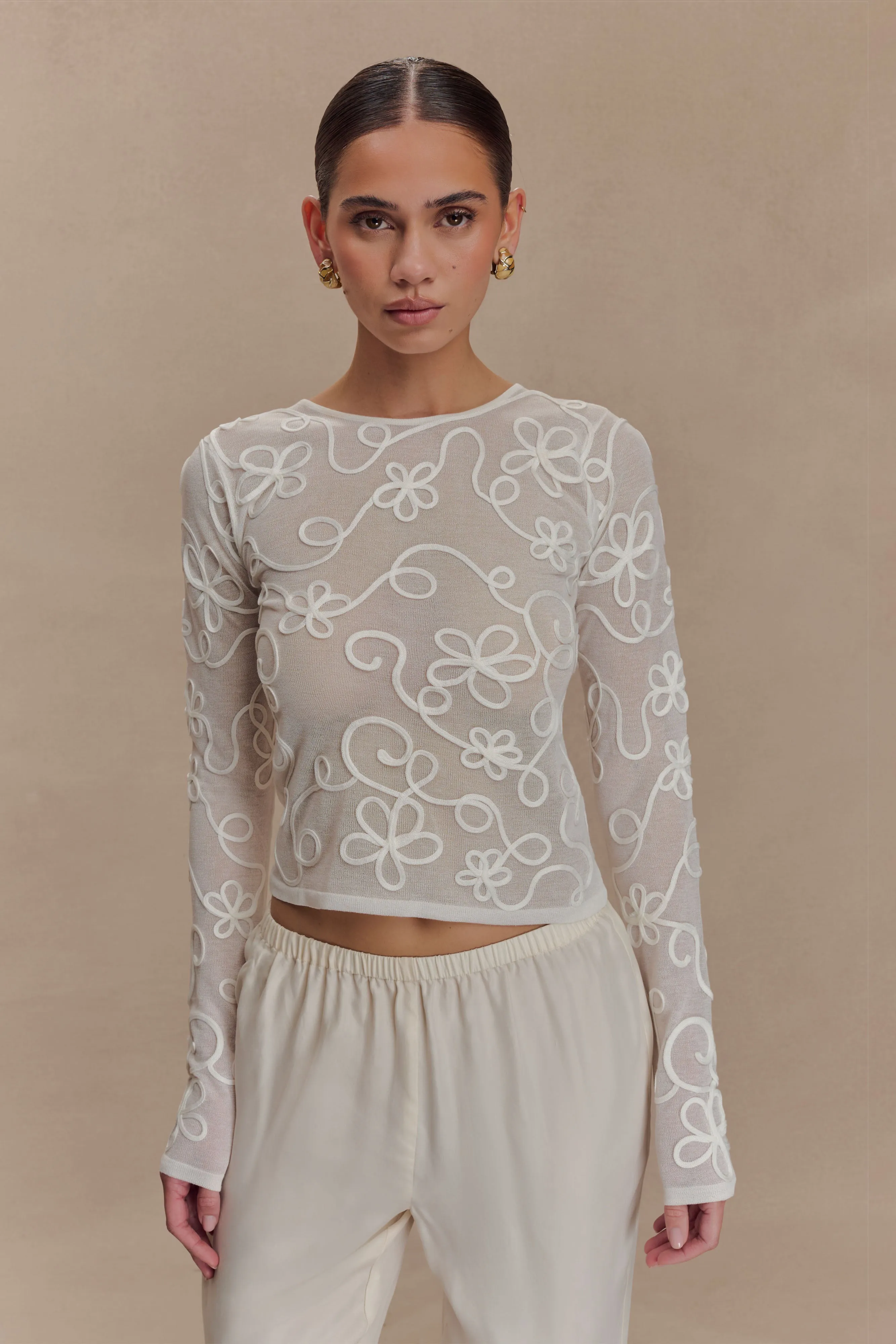 LayeredPanel Omari Embroidery Long Sleeve Knit Top - Ivory