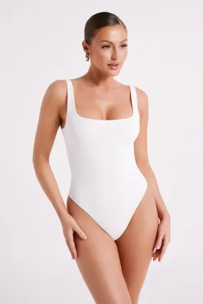 Built In Filter Layer Charlie Recycled Nylon Scoop Neck Bodysuit - White