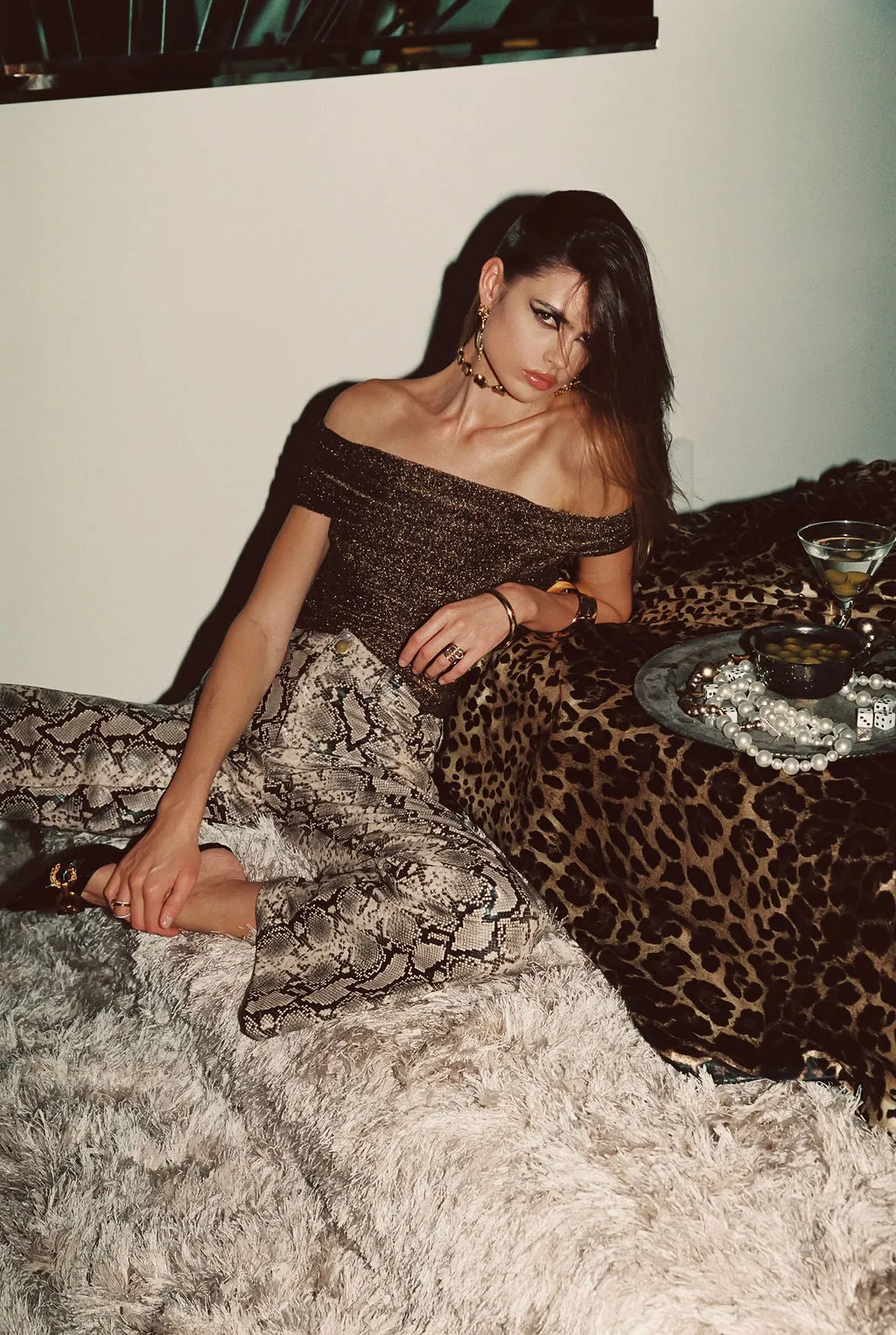 Hypnotized Gold Lurex Off The Shoulder Top Organic Cotton Fiber