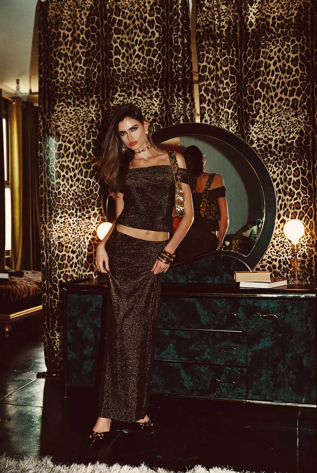 ConvertibleCollarSystem Hypnotized Gold Lurex Off The Shoulder Top