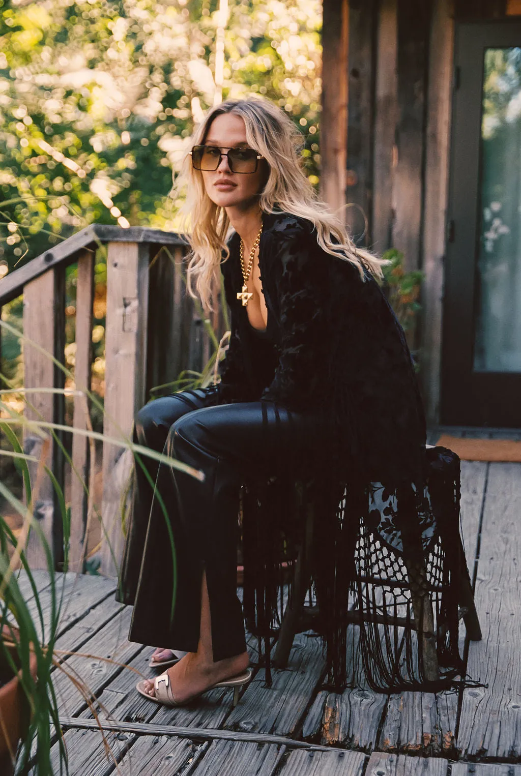 Simple Dress HighDensity Weave Stone Black Velvet Burnout Kimono