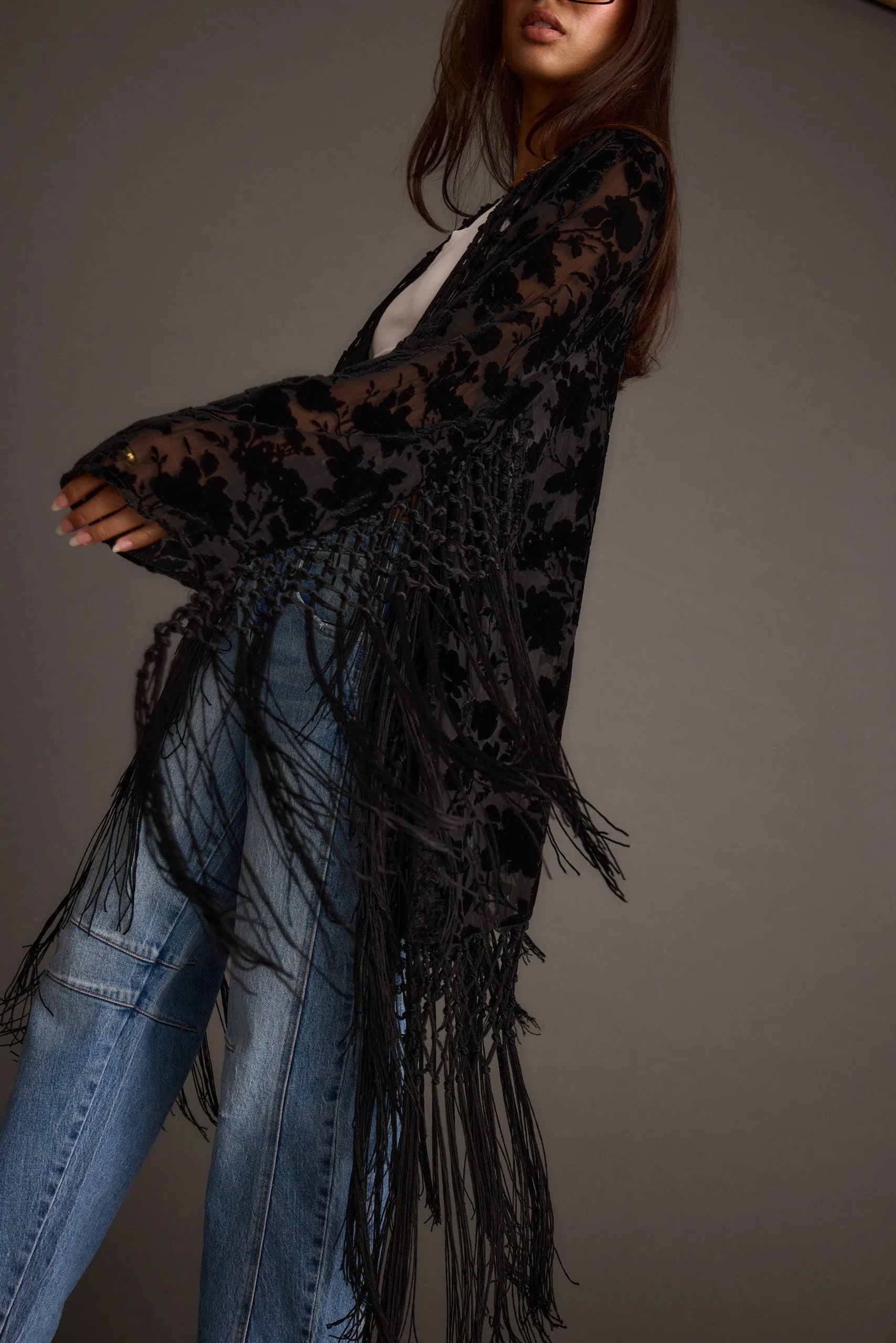 Stone Black Velvet Burnout Kimono GarmentWashed Texture UltraLightweight