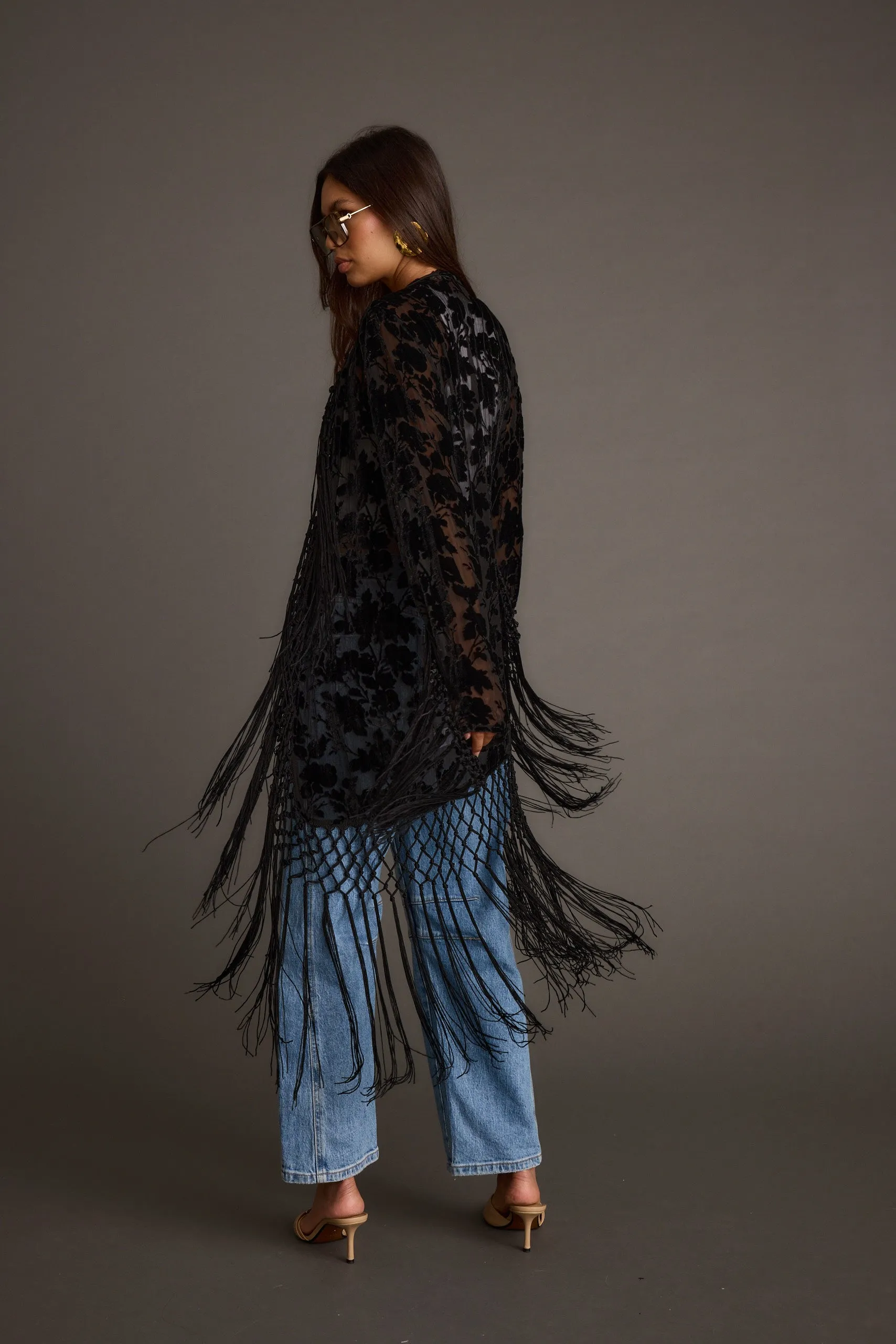 Stone Black Velvet Burnout Kimono Recycled Polyester Chic Look
