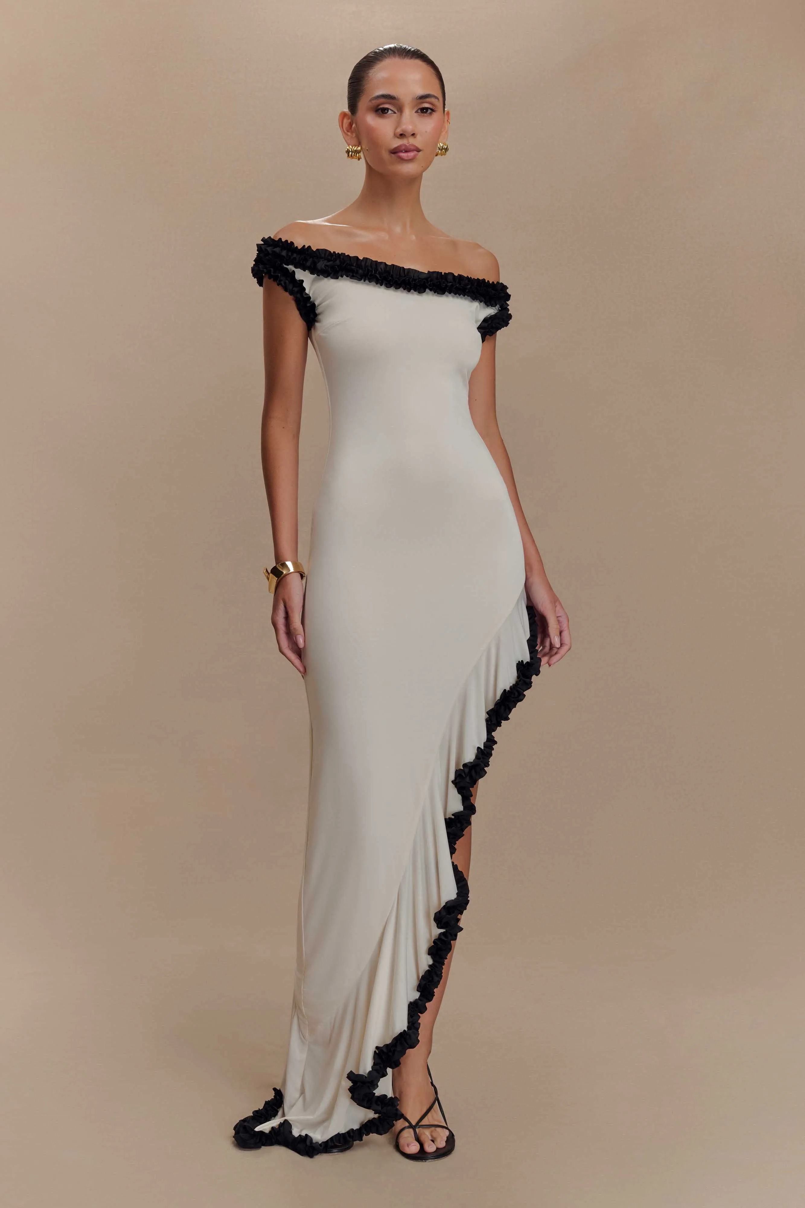 Arielle Off Shoulder Ruffle Midi Dress - Ivory/Black Fashionable Cut Low Maintenance