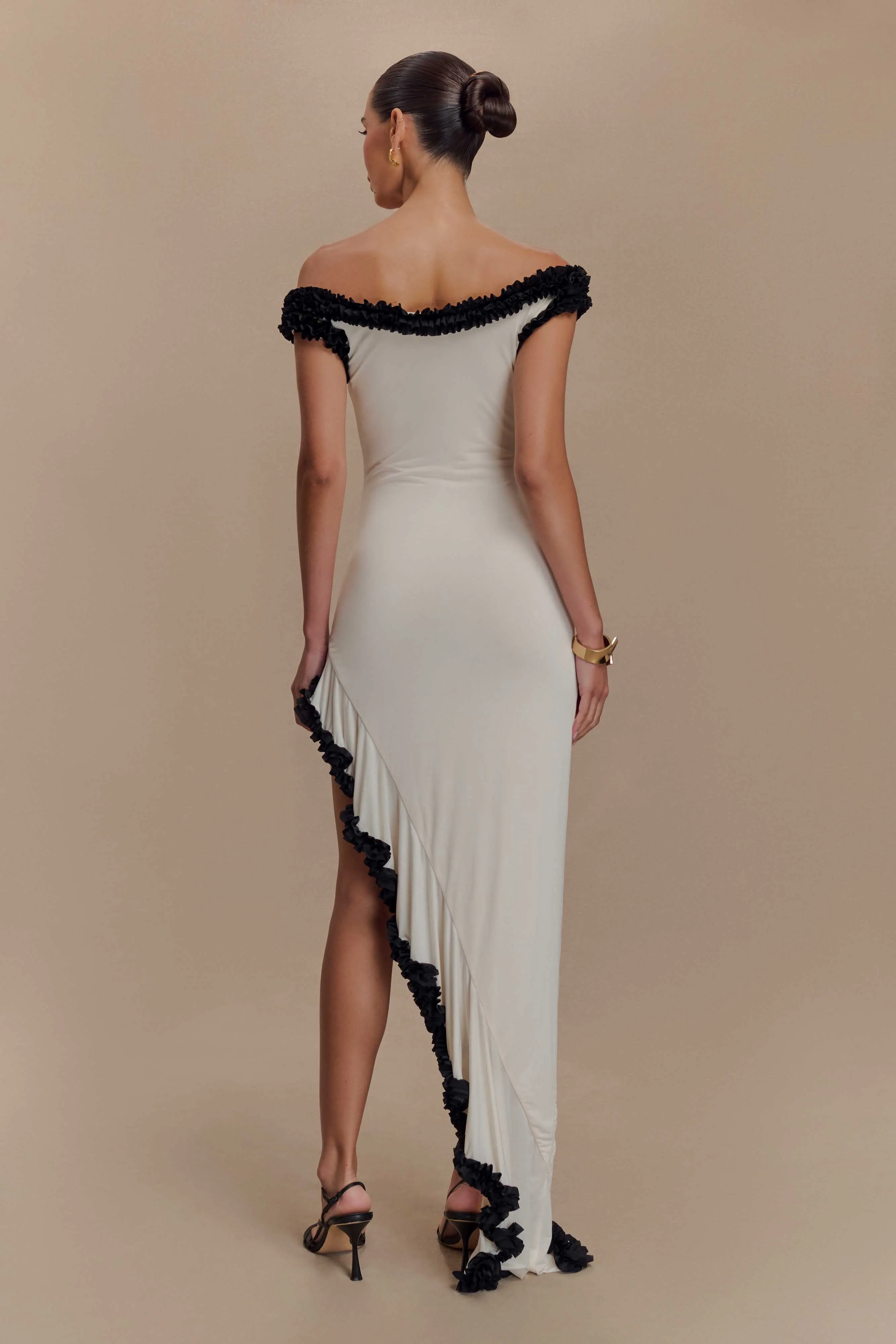 Chilly Weather Layer Arielle Off Shoulder Ruffle Midi Dress - Ivory/Black