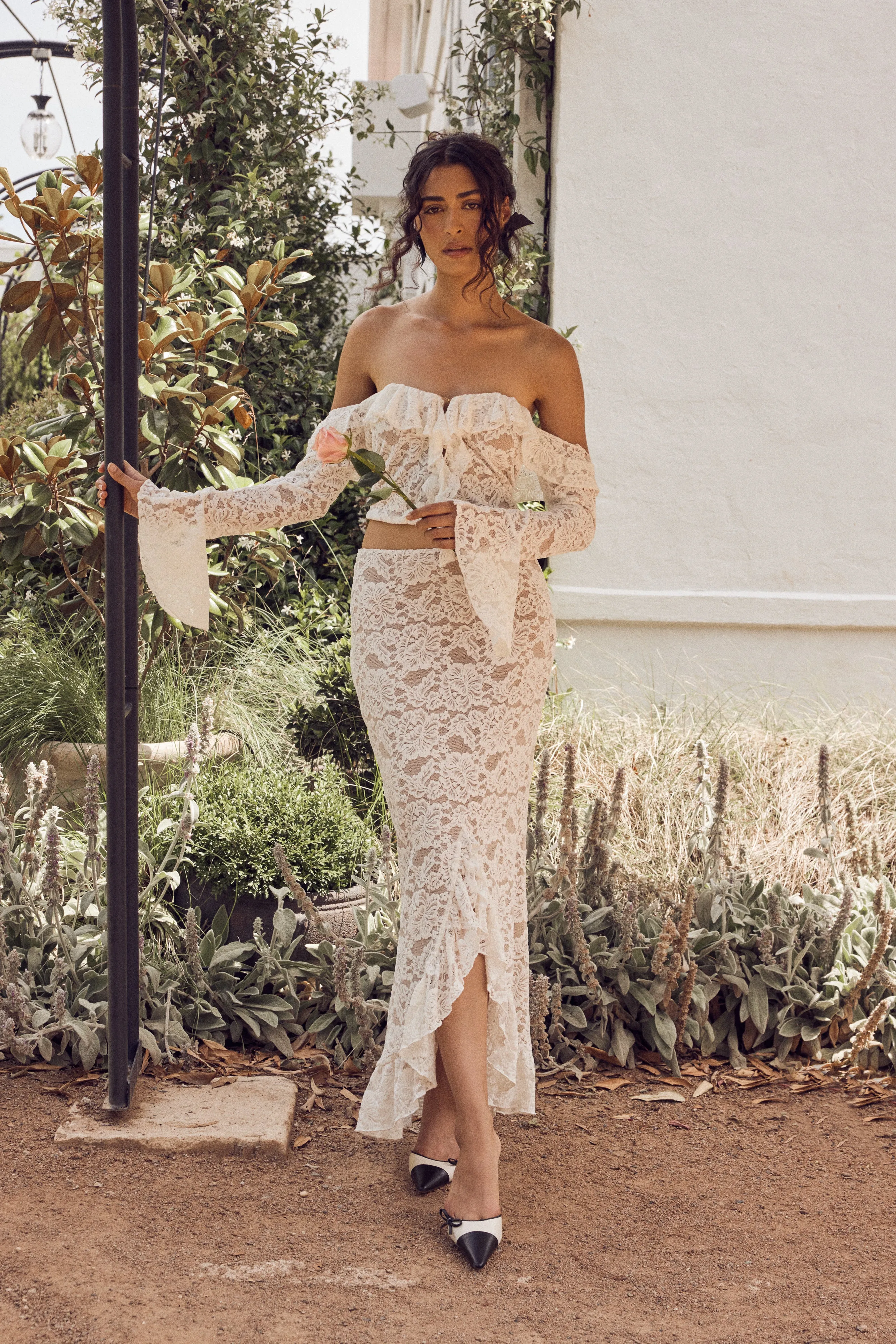 OrganicCottonBlend Functional Layer Artemis Lace Plisse Maxi Skirt - Ivory