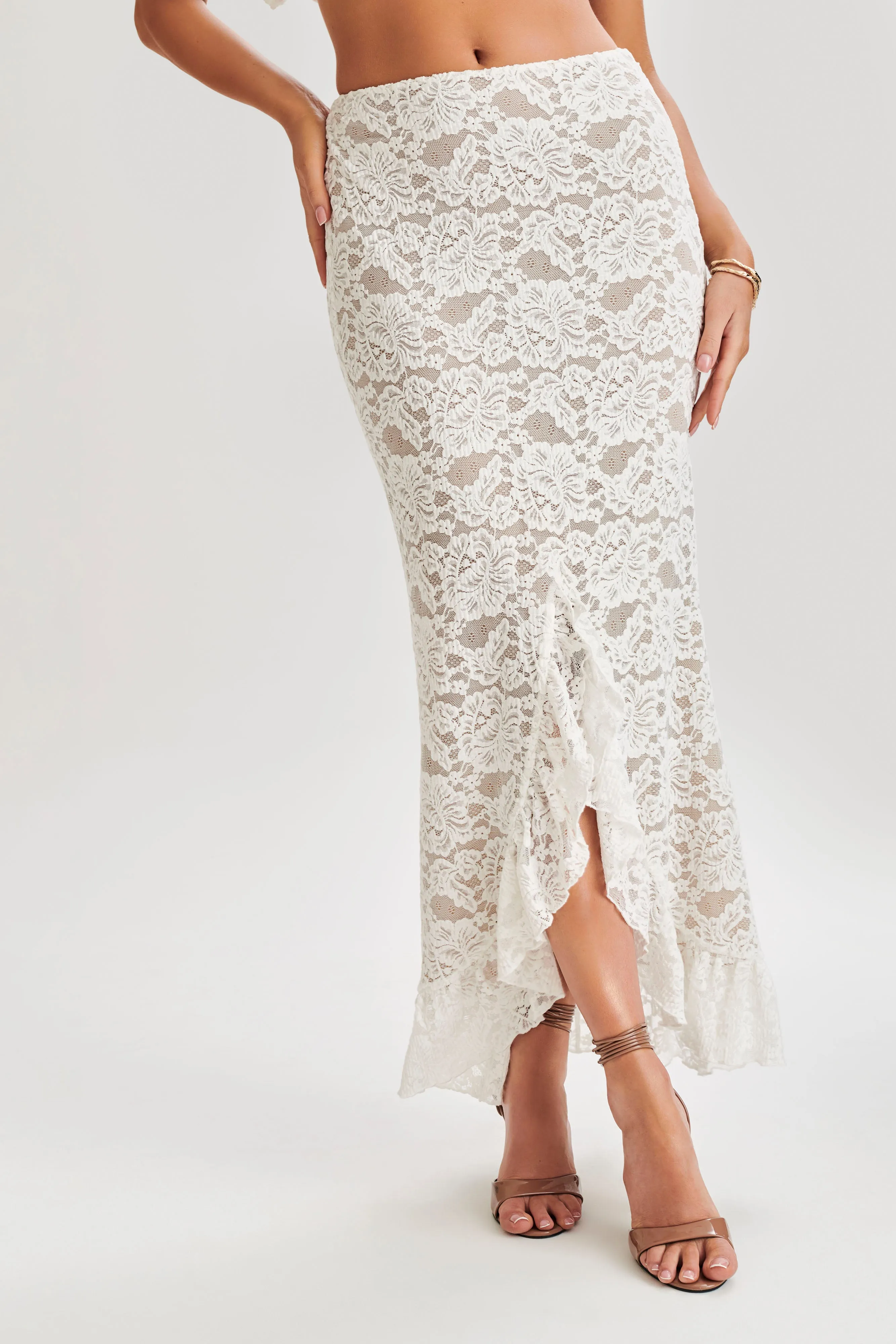 Adjustable drawstring Artemis Lace Plisse Maxi Skirt - Ivory