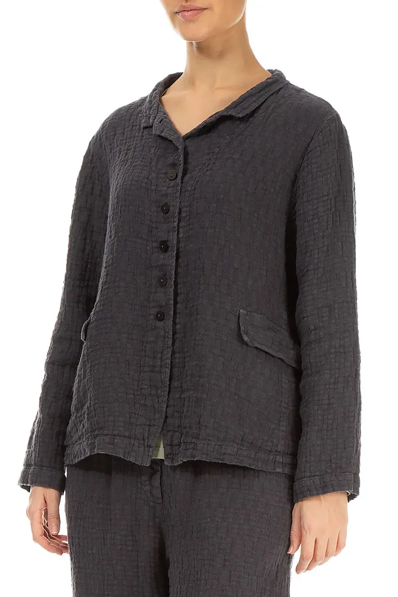 Buttoned Graphite Textured Linen Jacket Hooded Versatile Design Stain Resistant Material
