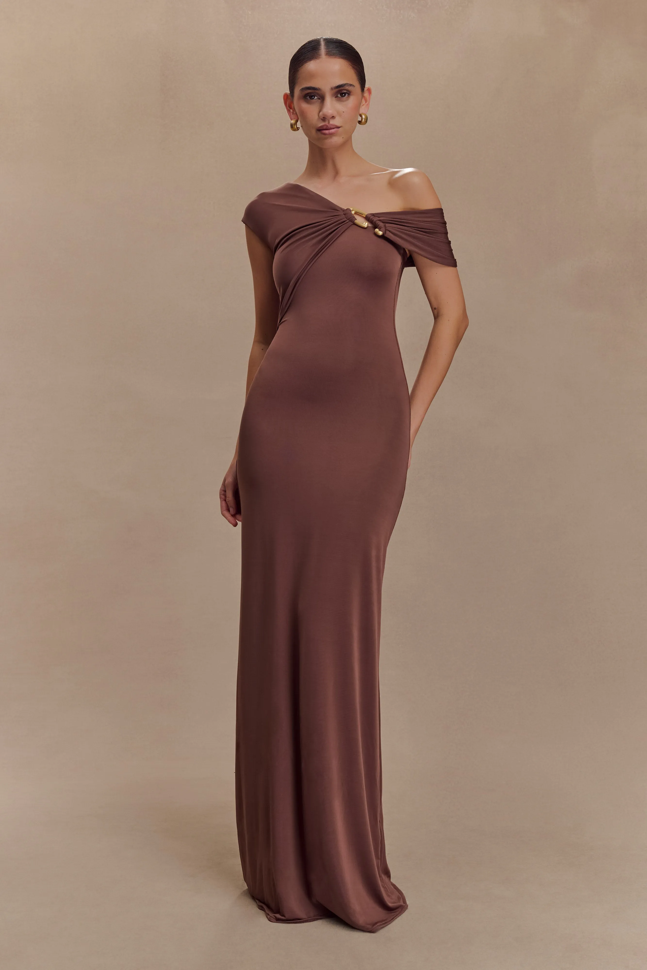 Ashford Asymmetrical Slinky Maxi Dress - Chocolate Classic Tailoring