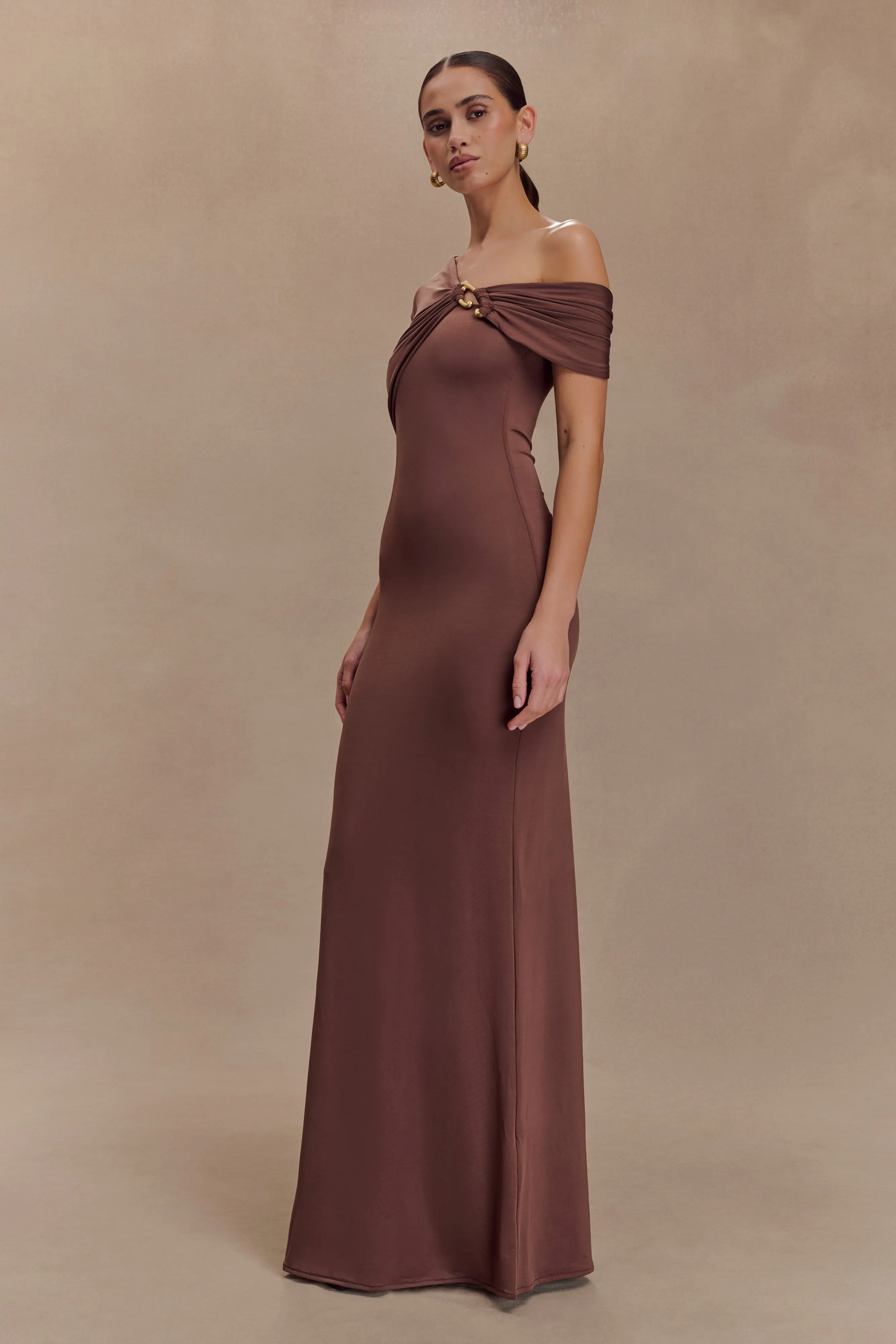 Boat-Neck Sleek Flow Ashford Asymmetrical Slinky Maxi Dress - Chocolate