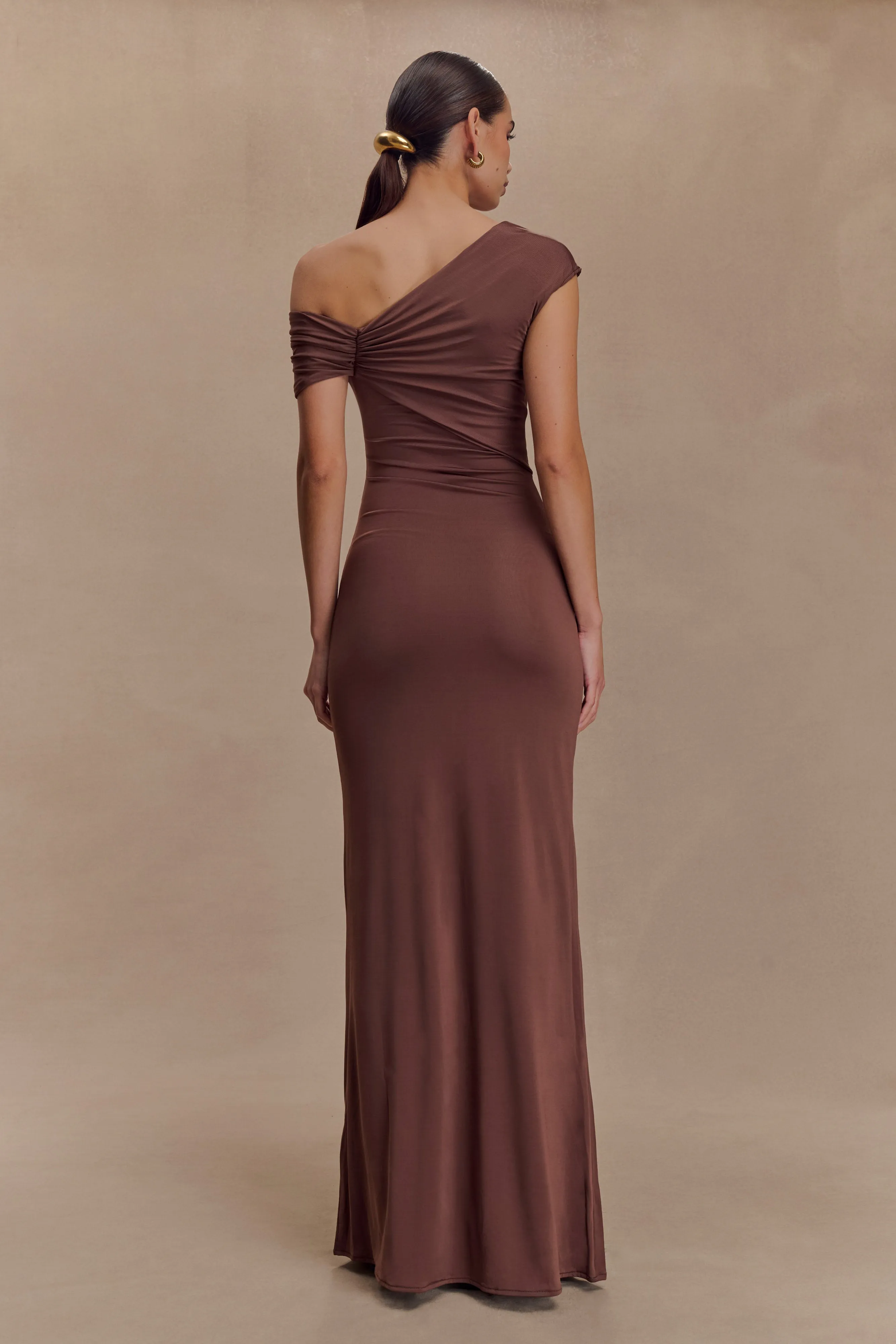 Ashford Asymmetrical Slinky Maxi Dress - Chocolate Feminine fit-and-flare silhouette Layer Ready
