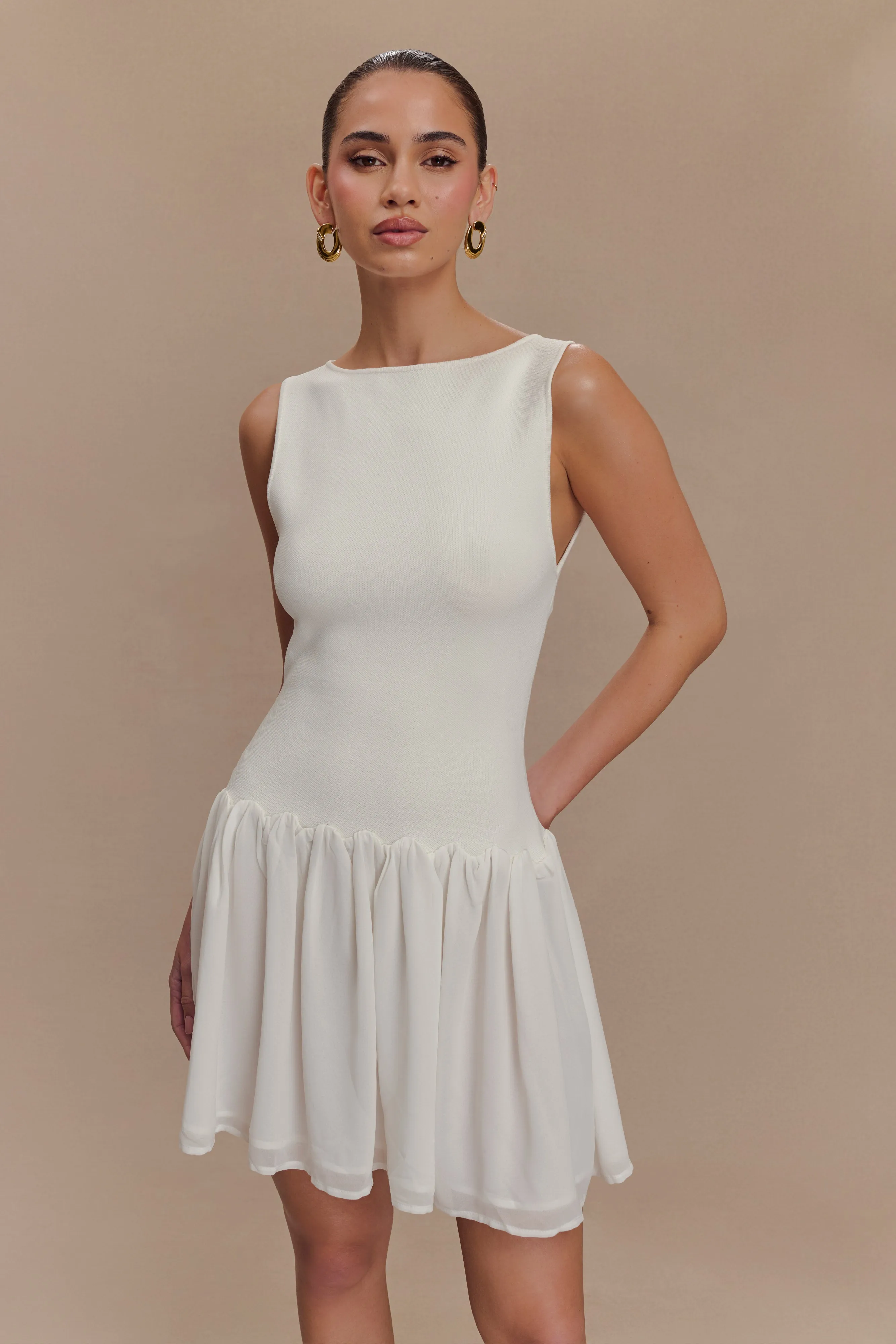 Ashleigh Knit And Chiffon Mini Dress - Ivory Balanced Shape Stylish party wear