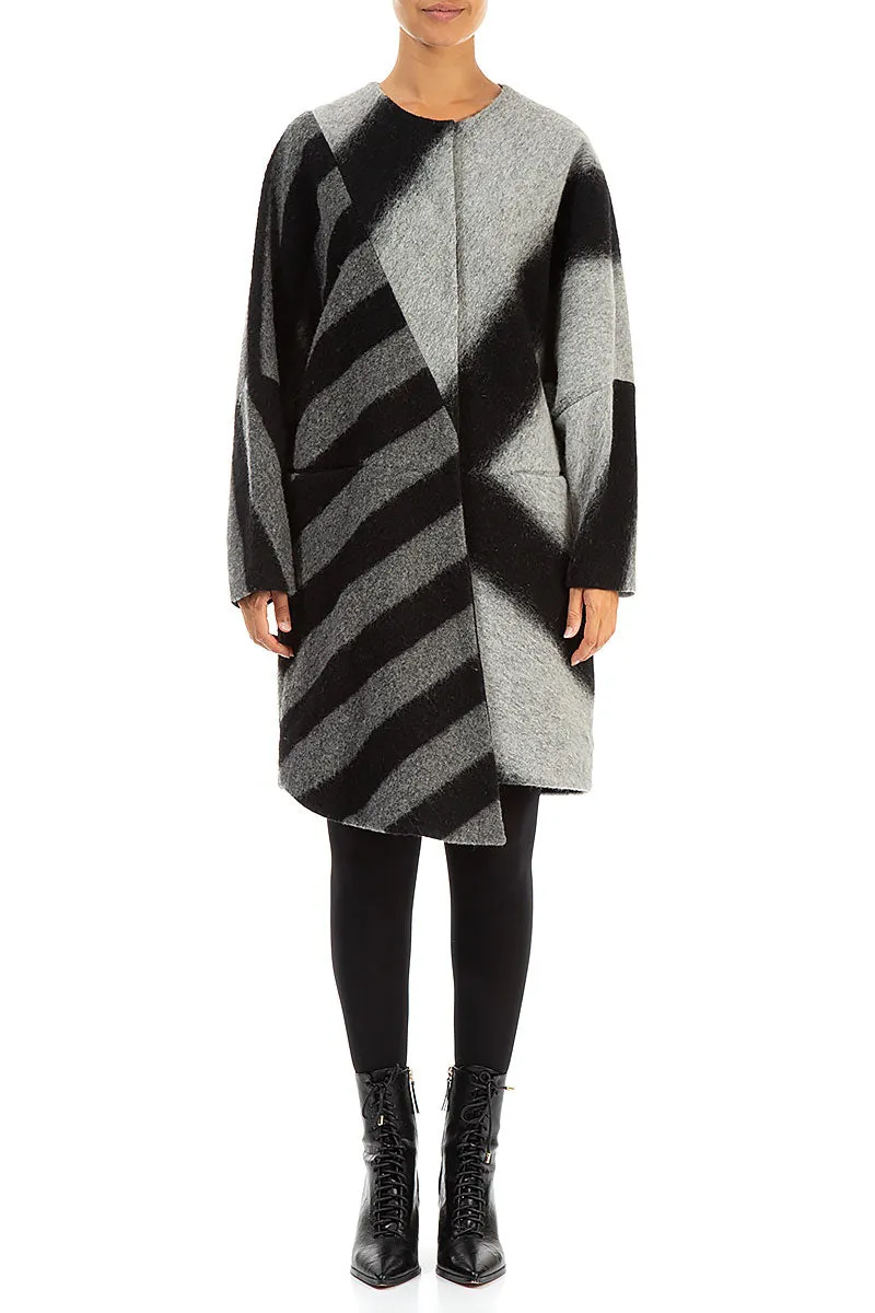 Asymmetric Striped Wool Coat Outdoor Style Staple Weatherproof Seams