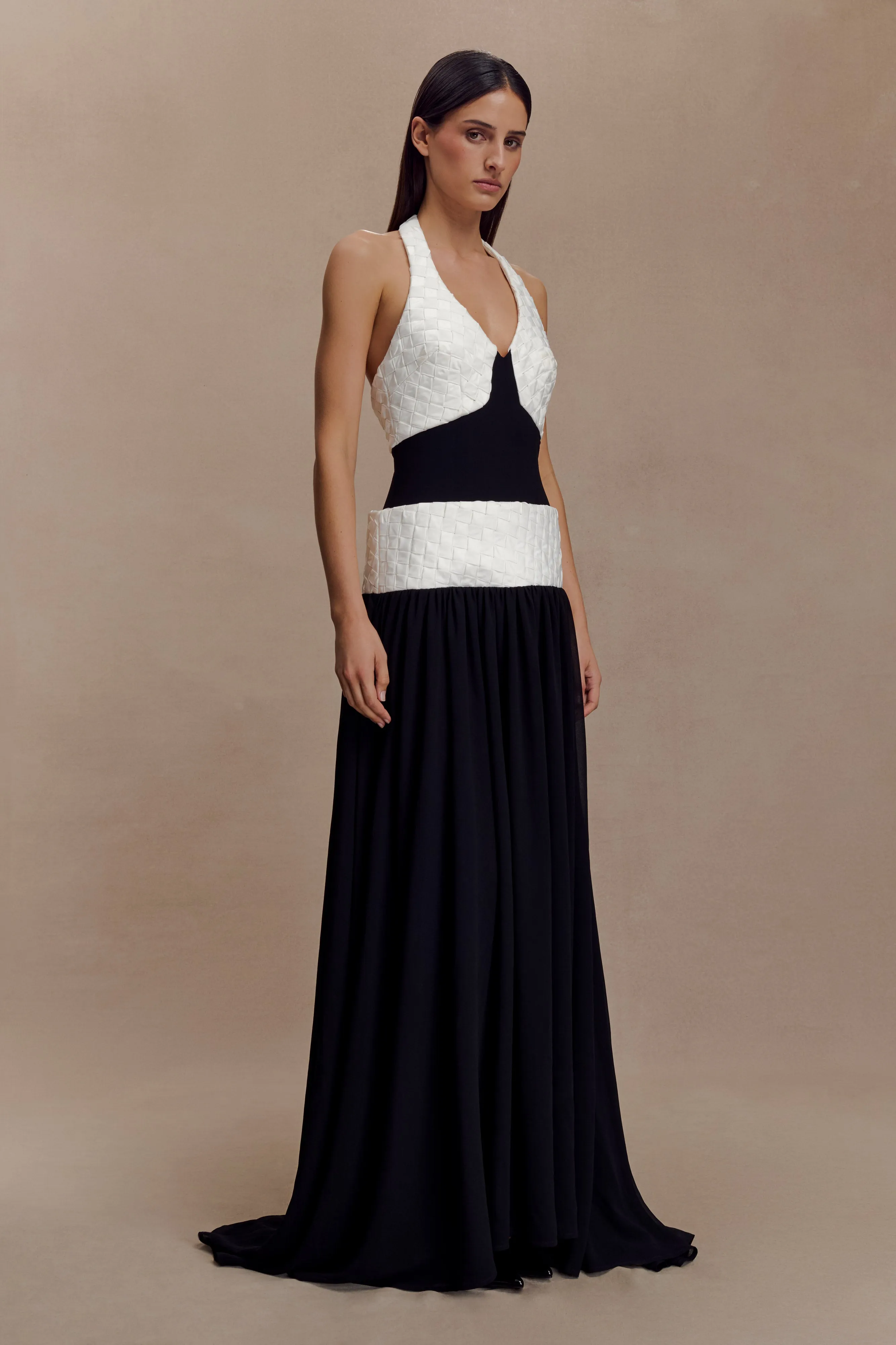 ElasticWaistband Celine Chiffon Maxi Dress - Black/White