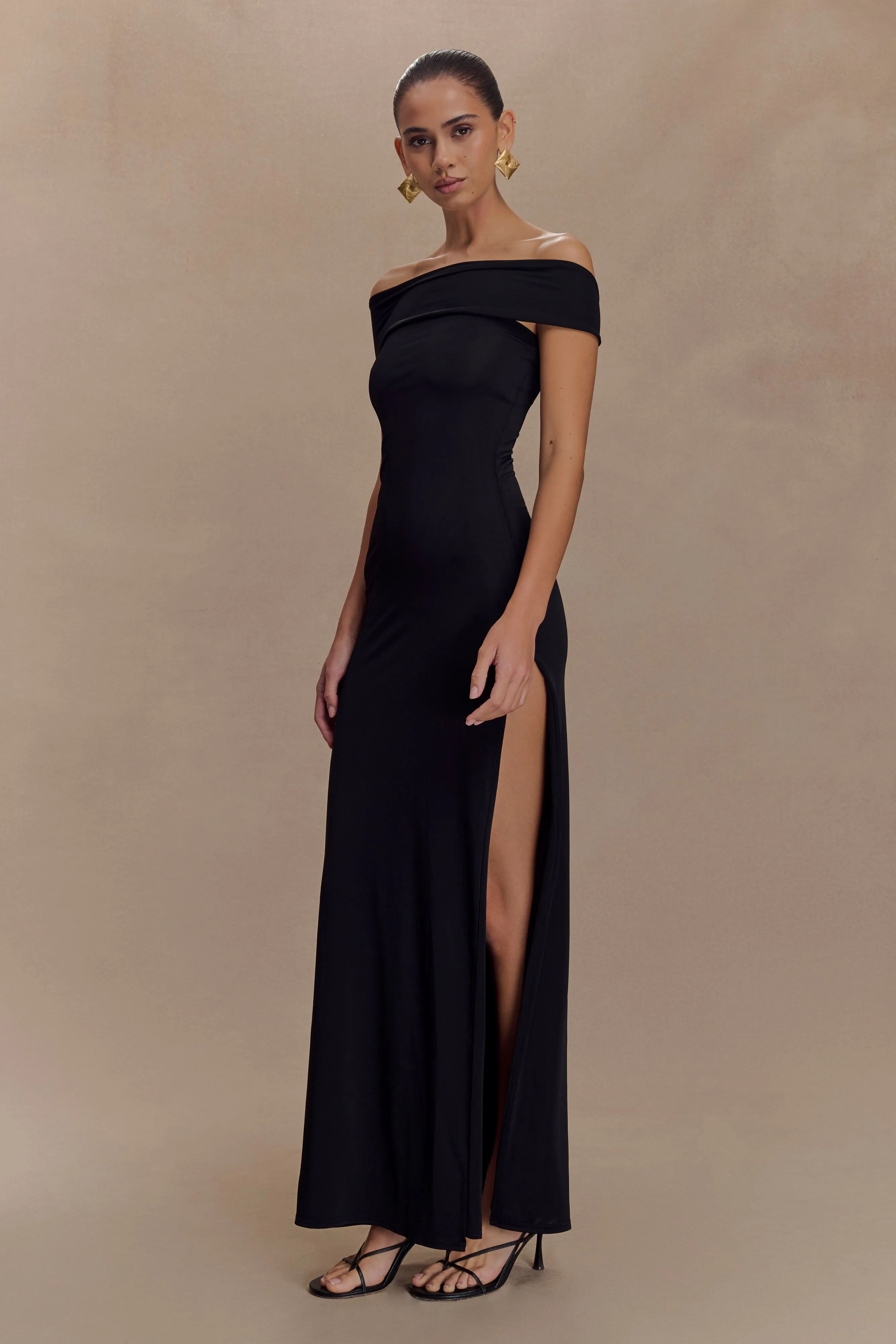 Aurora Slinky And Mesh Split Maxi Dress - Black Breathable Feel Soft Motion