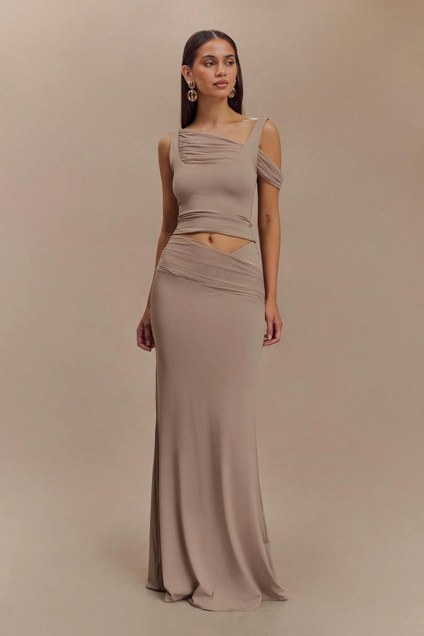Jules Recycled Nylon And Mesh Maxi Skirt - Taupe Stretch Comfort Quick-Dry Material