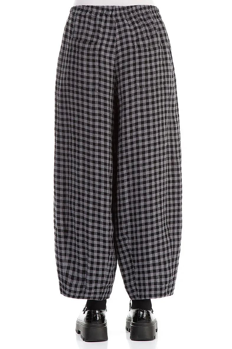 Back Pockets Grey Check Linen Trousers High Rise