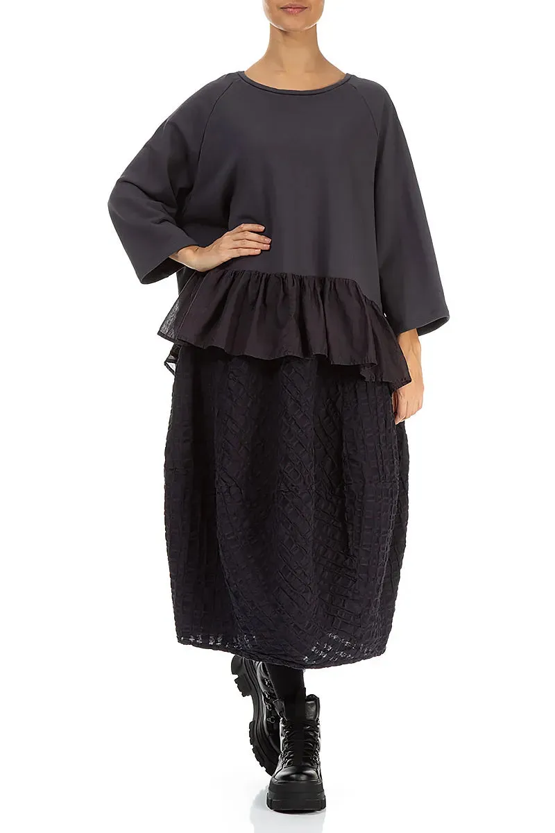 Refined Style Balloon Slate Blue Checkered Linen Cotton Skirt