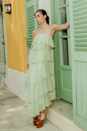 Retro Mood Alexa Ruffle Chiffon Maxi Dress - Pastel Lime