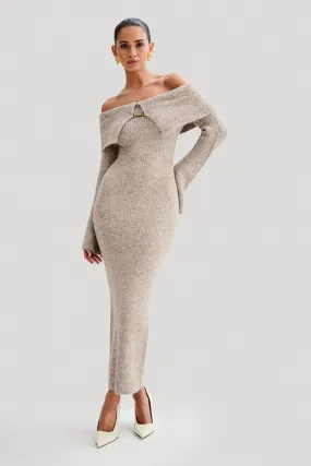 Tiered-Skirt Scandi Clean Baxter Off Shoulder Fluffy Knit Midi Dress - Taupe Marle