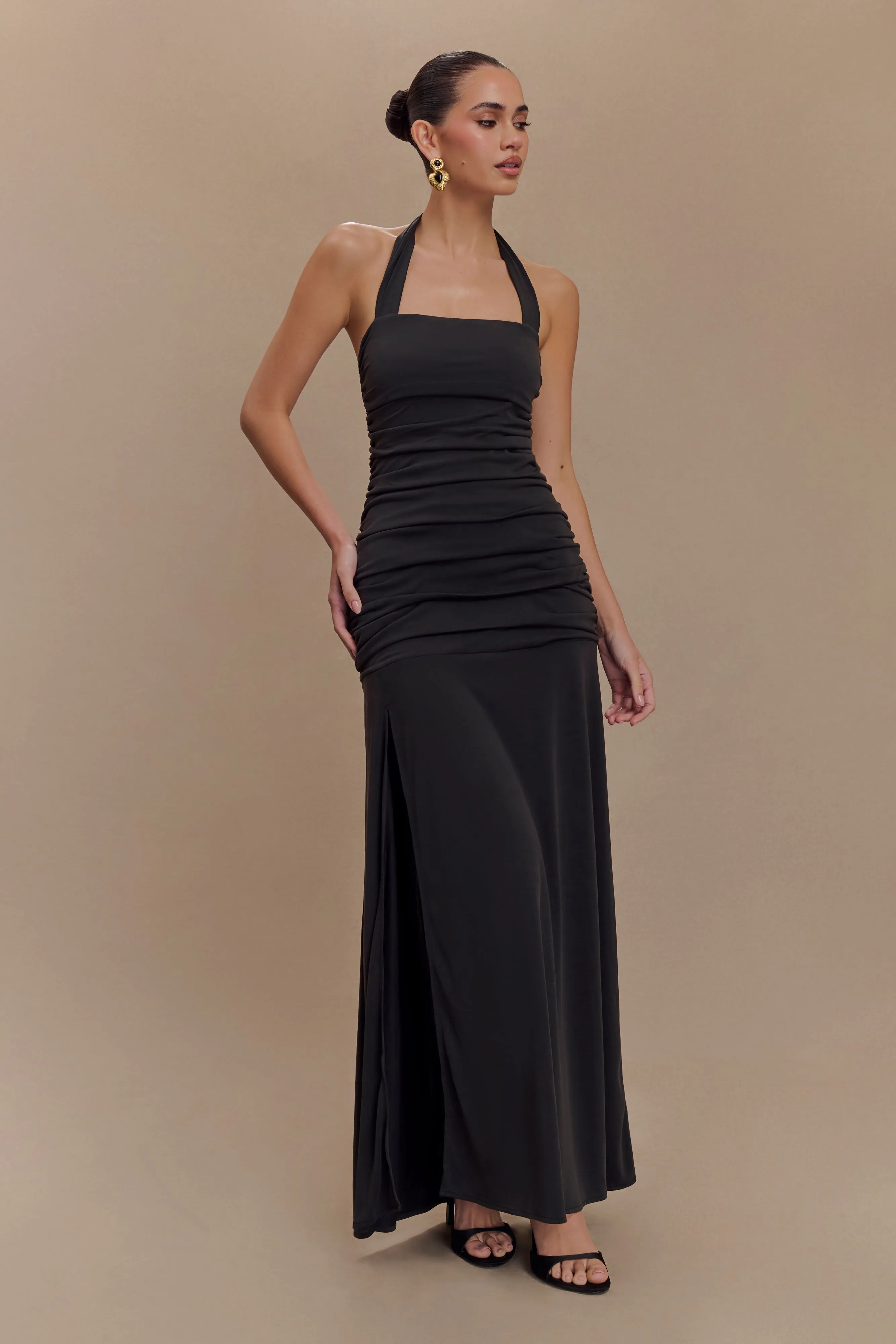 Bentley Peached Jersey Halter Maxi Dress - Black Stylish and Comfortable
