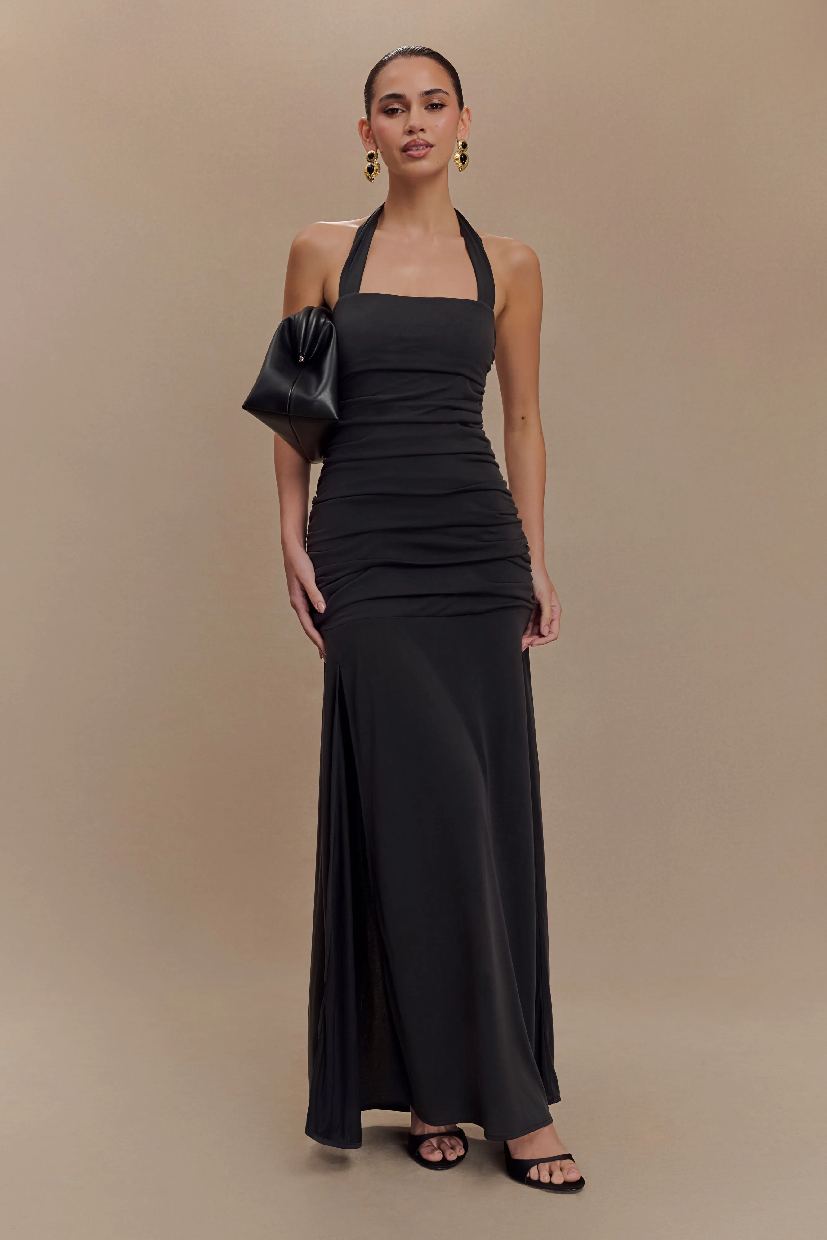 Lazy Pick Bentley Peached Jersey Halter Maxi Dress - Black