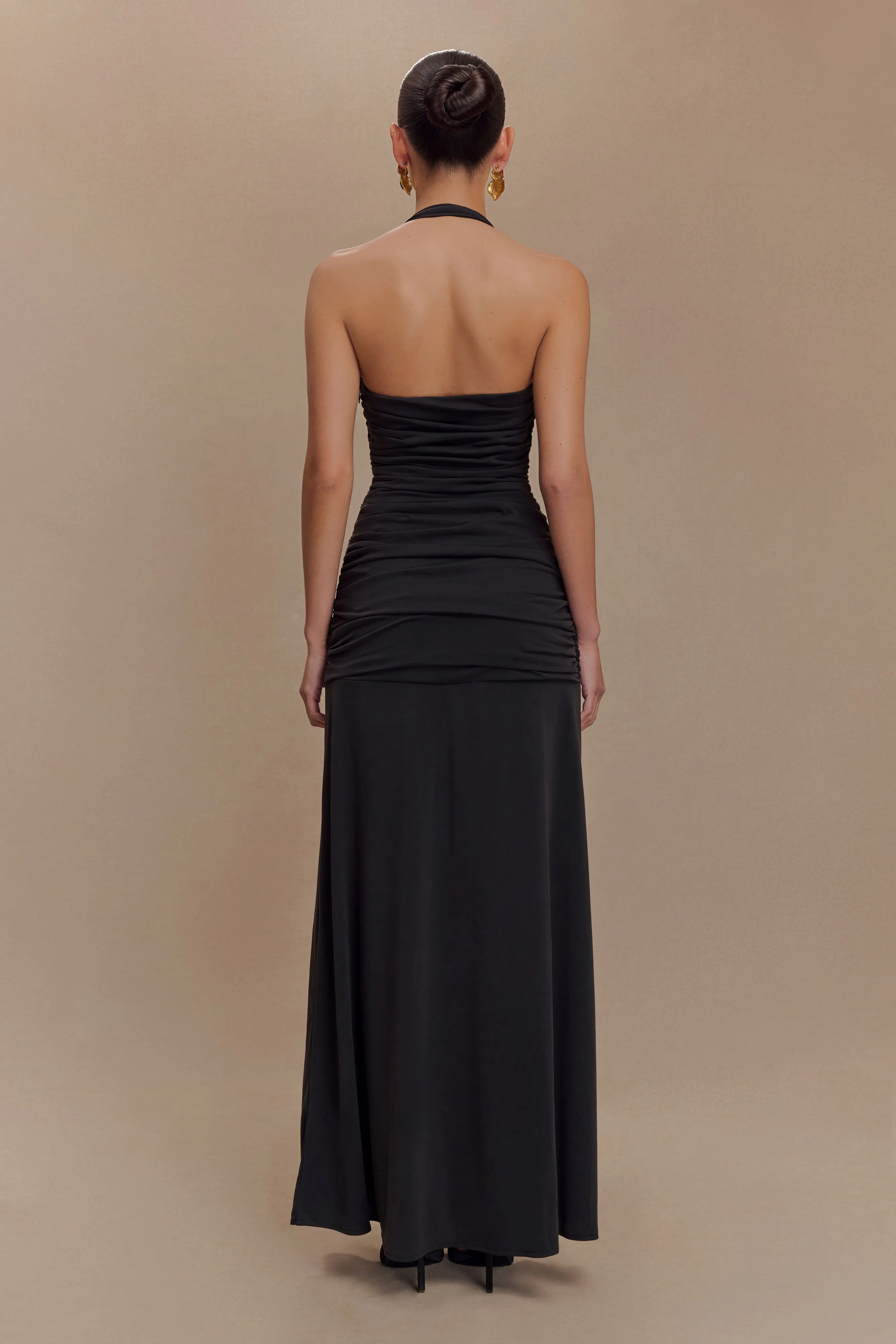 Bentley Peached Jersey Halter Maxi Dress - Black Lace Accent