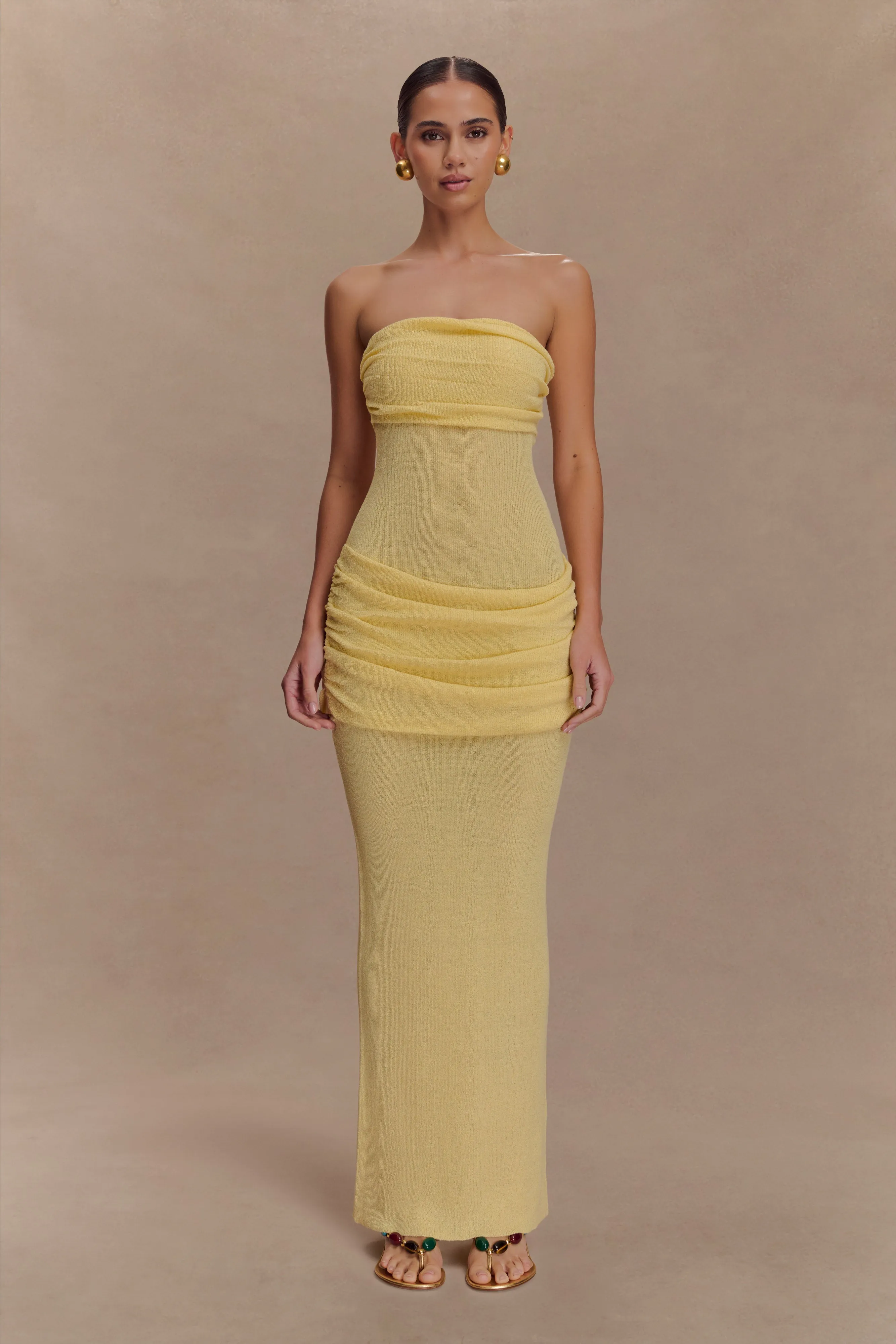 Elora Strapless Knit Maxi Dress - Lemon Smooth Line Peace Glow