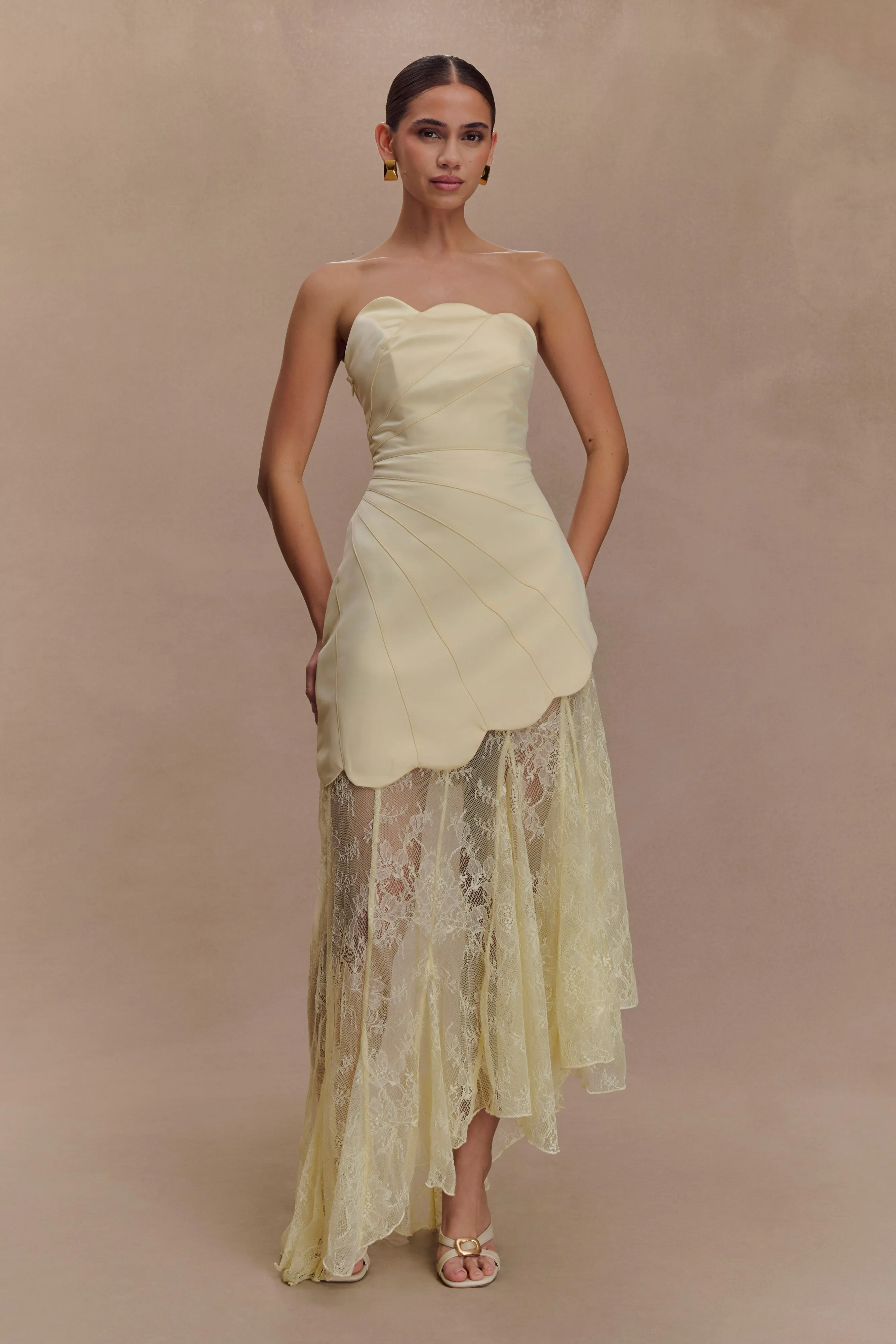 Aleena Satin And Lace Maxi Dress - Lemon Natural Silhouette